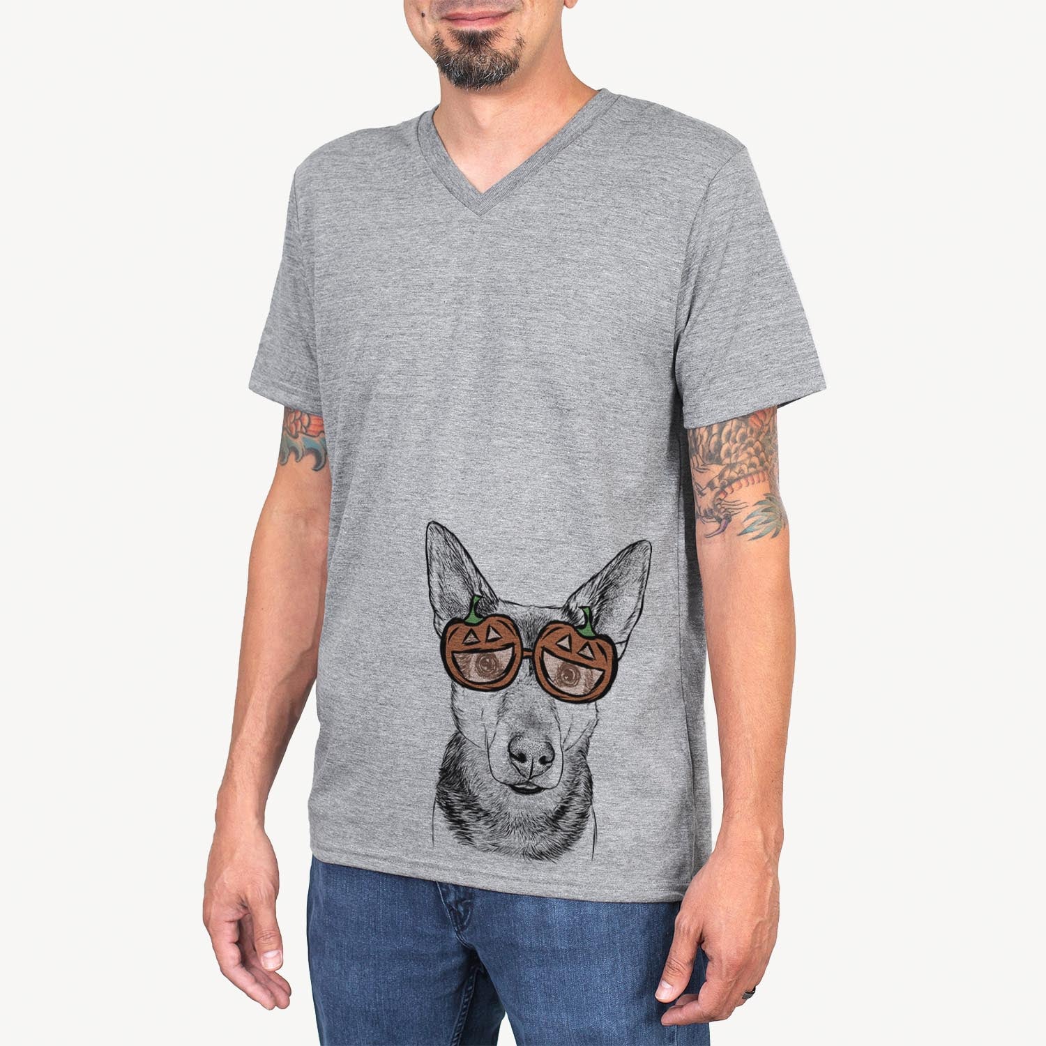 Hand-drawn sketch of Sammie the Mixed Breed wearing pumpkin glasses on a Grey pumpkin collection