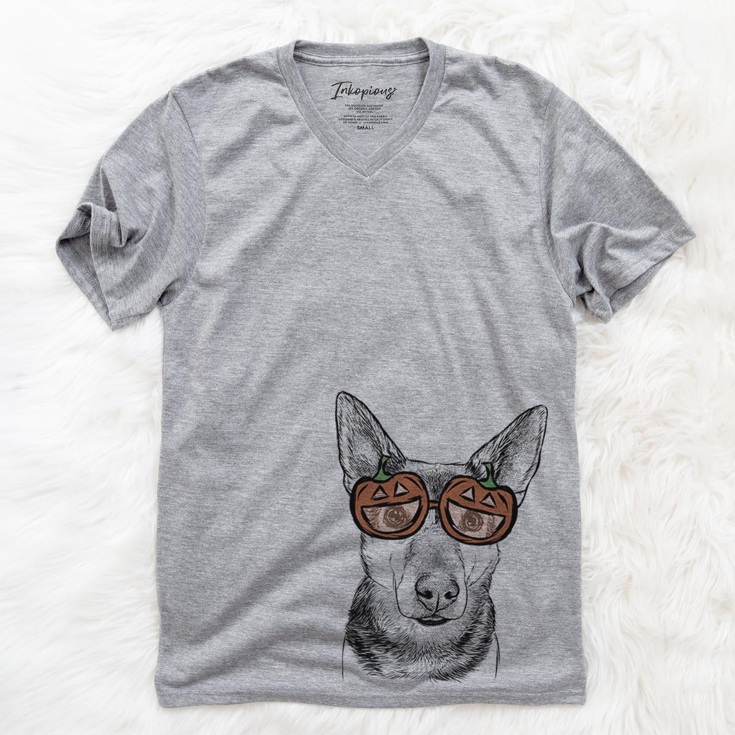 Hand-drawn sketch of Sammie the Mixed Breed wearing pumpkin glasses on a Grey pumpkin collection