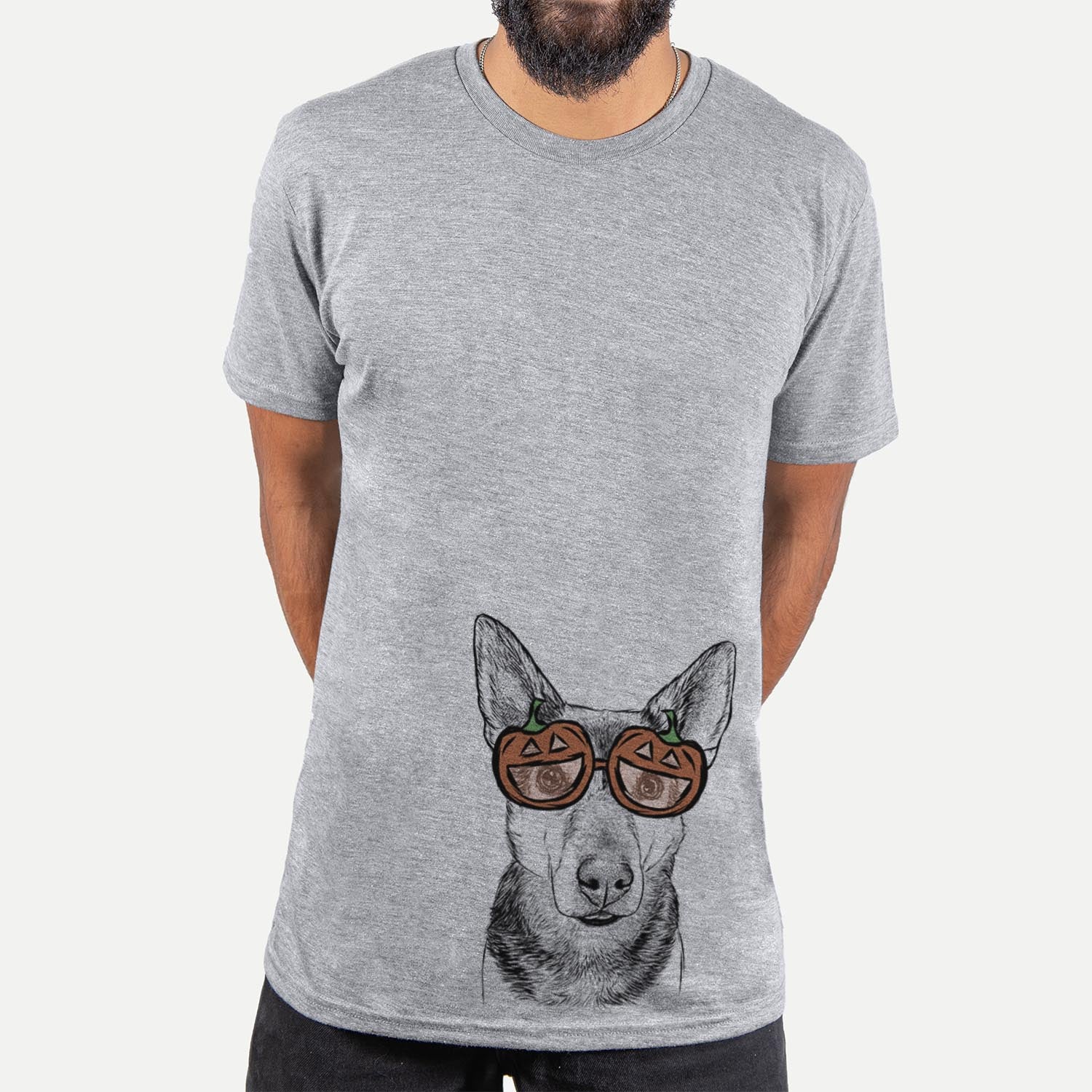 Hand-drawn sketch of Sammie the Mixed Breed wearing pumpkin glasses on a Grey pumpkin collection, hanging on a wall