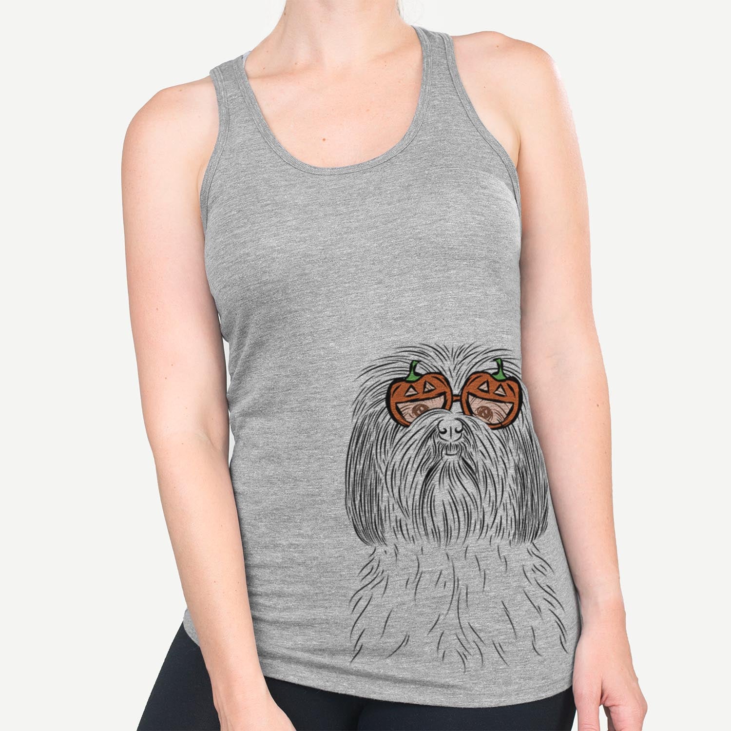Hand-drawn sketch of Scully the Shih Tzu wearing pumpkin glasses on a Grey pumpkin collection