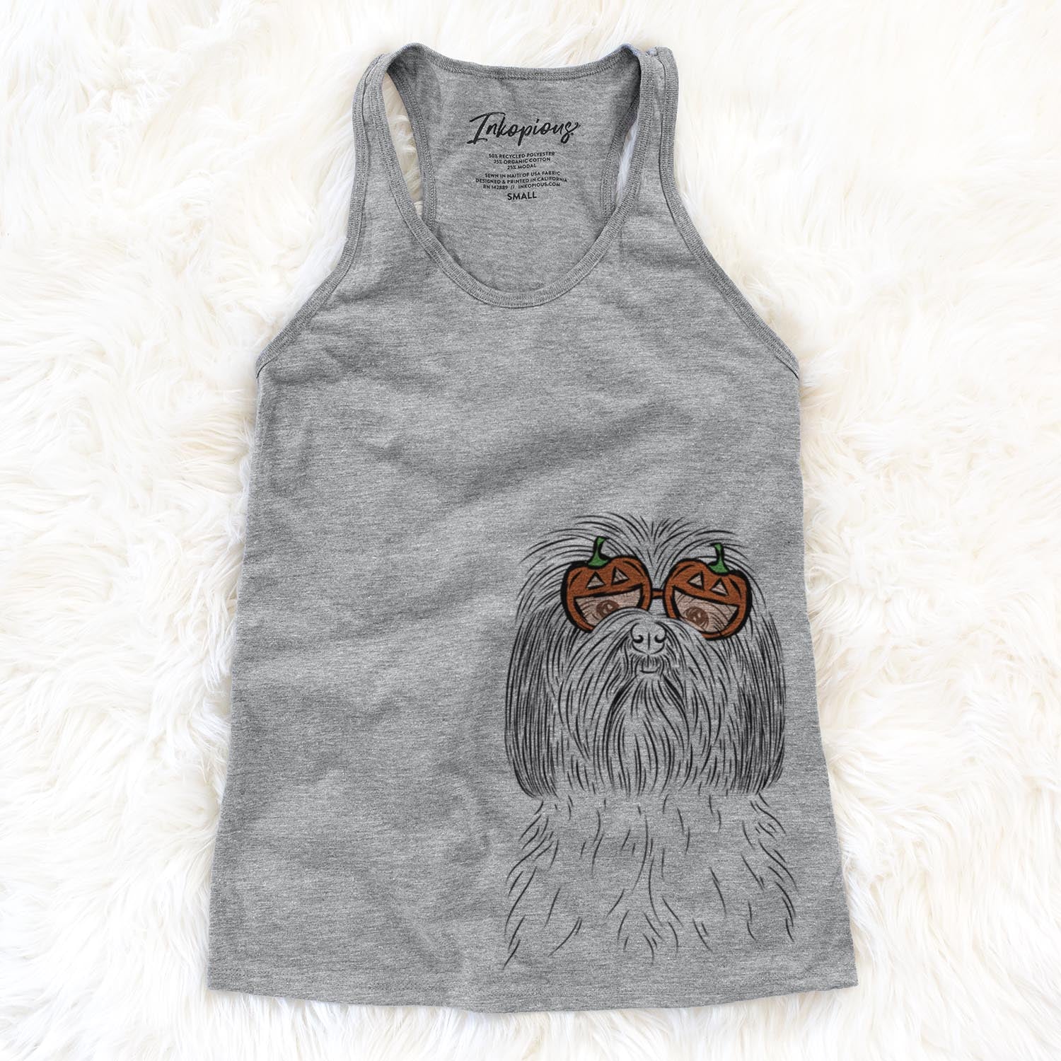 Hand-drawn sketch of Scully the Shih Tzu wearing pumpkin glasses on a Grey pumpkin collection