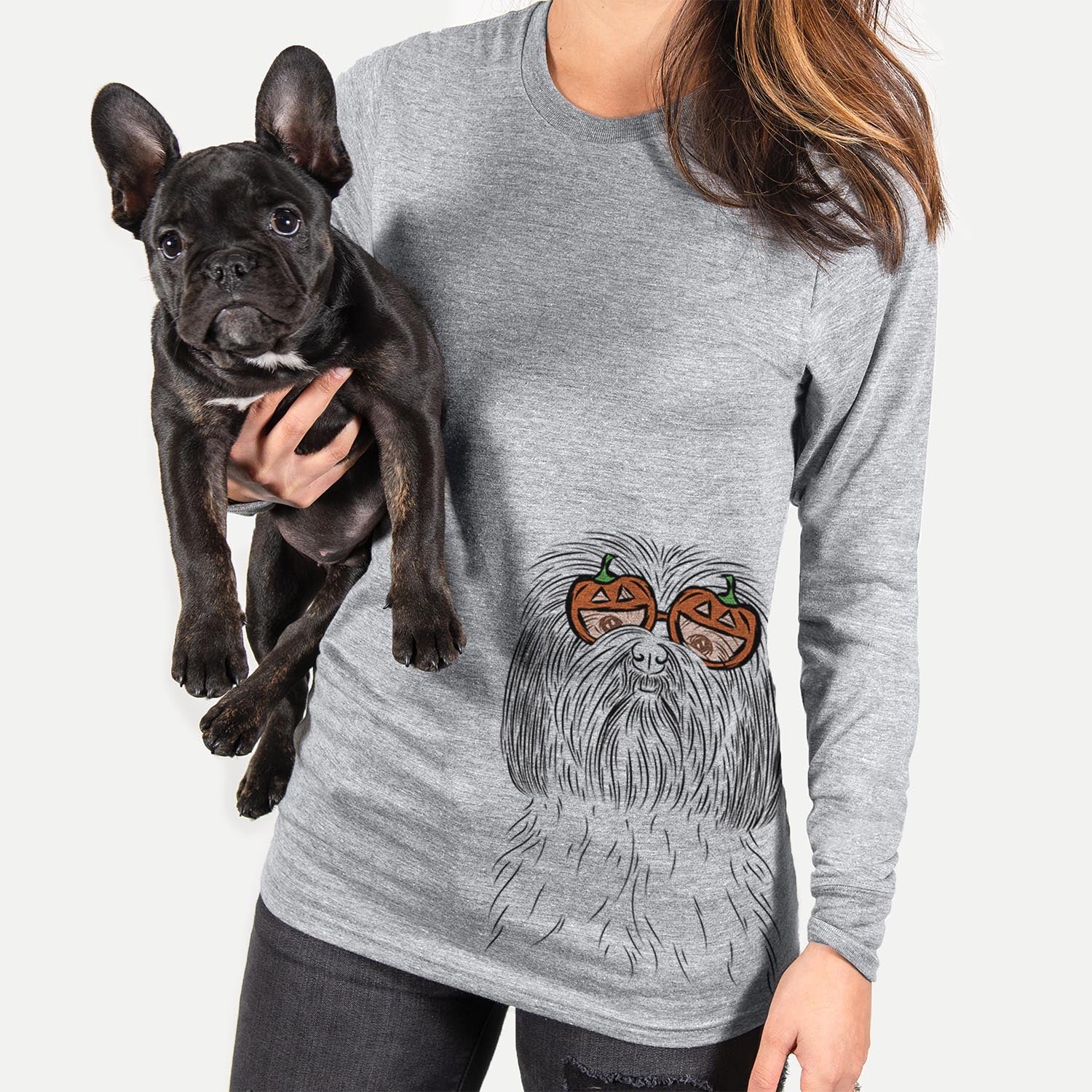 Hand-drawn sketch of Scully the Shih Tzu wearing pumpkin glasses on a Grey pumpkin collection