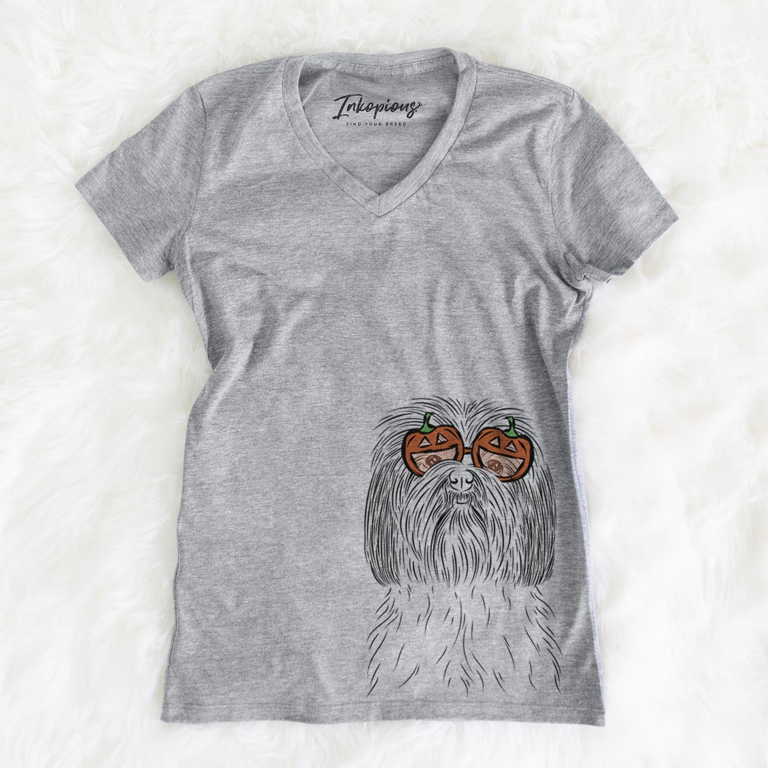 Hand-drawn sketch of Scully the Shih Tzu wearing pumpkin glasses on a Grey pumpkin collection, on a hanger