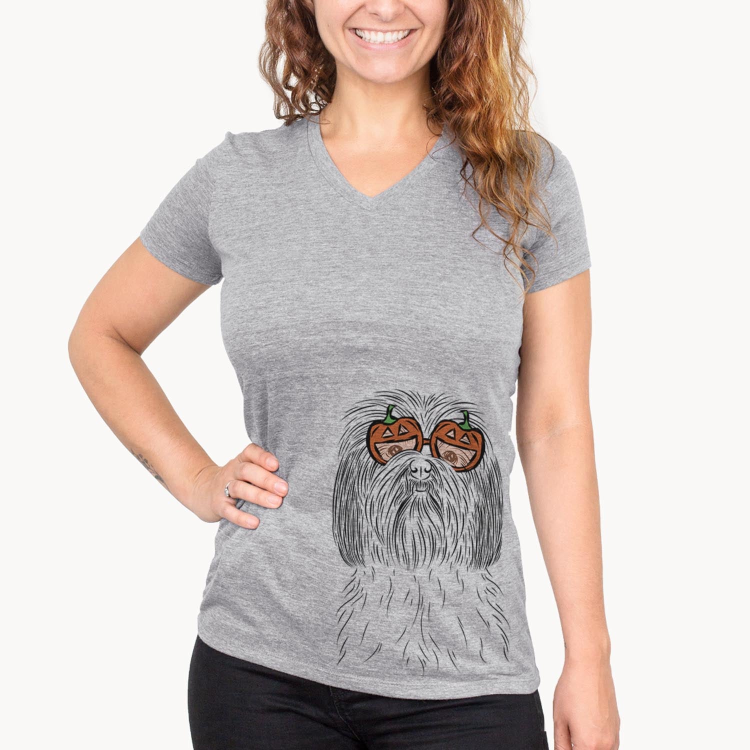 Hand-drawn sketch of Scully the Shih Tzu wearing pumpkin glasses on a Grey pumpkin collection