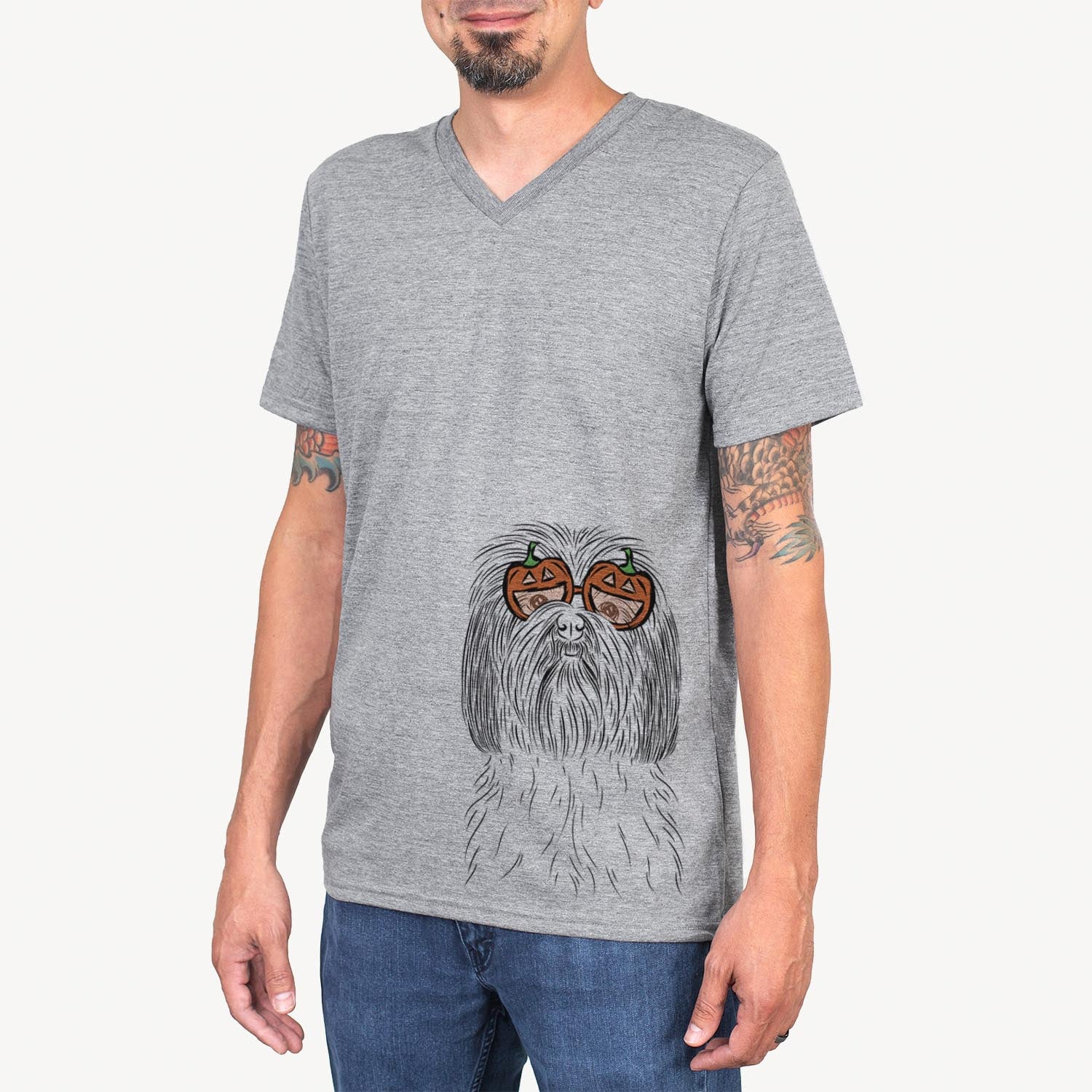 Hand-drawn sketch of Scully the Shih Tzu wearing pumpkin glasses on a Grey pumpkin collection
