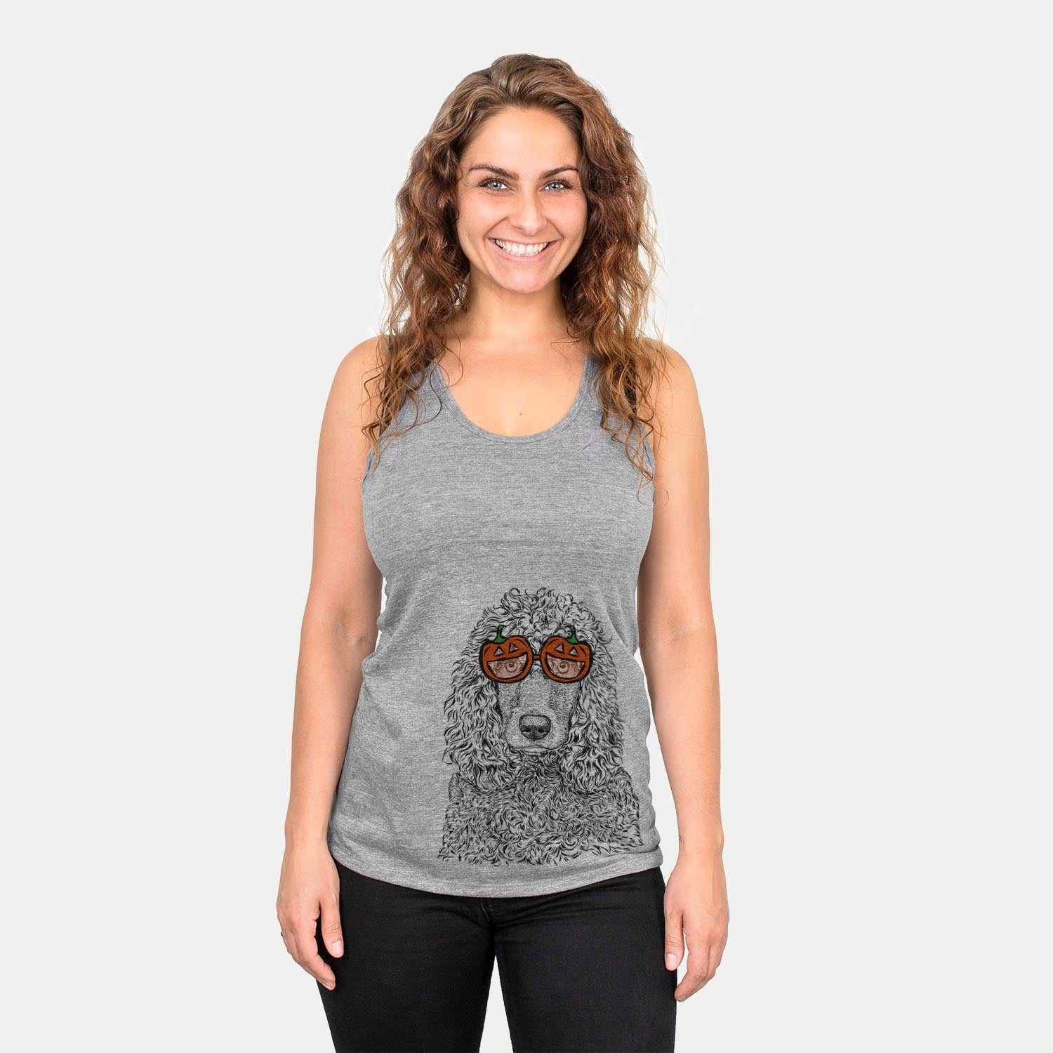 Hand-drawn sketch of Shilo the Irish Water Spaniel wearing pumpkin glasses on a Grey pumpkin collection