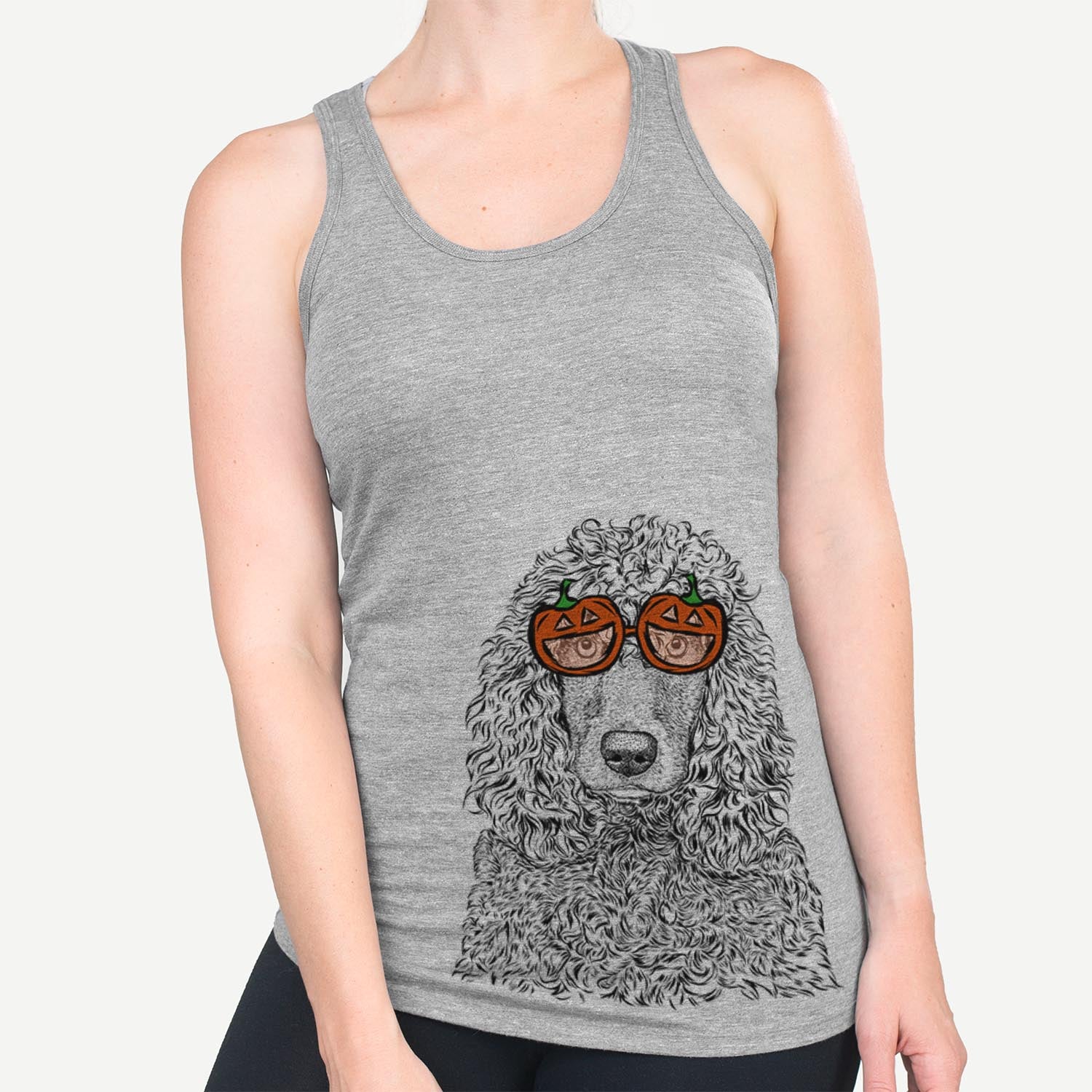 Hand-drawn sketch of Shilo the Irish Water Spaniel wearing pumpkin glasses on a Grey pumpkin collection