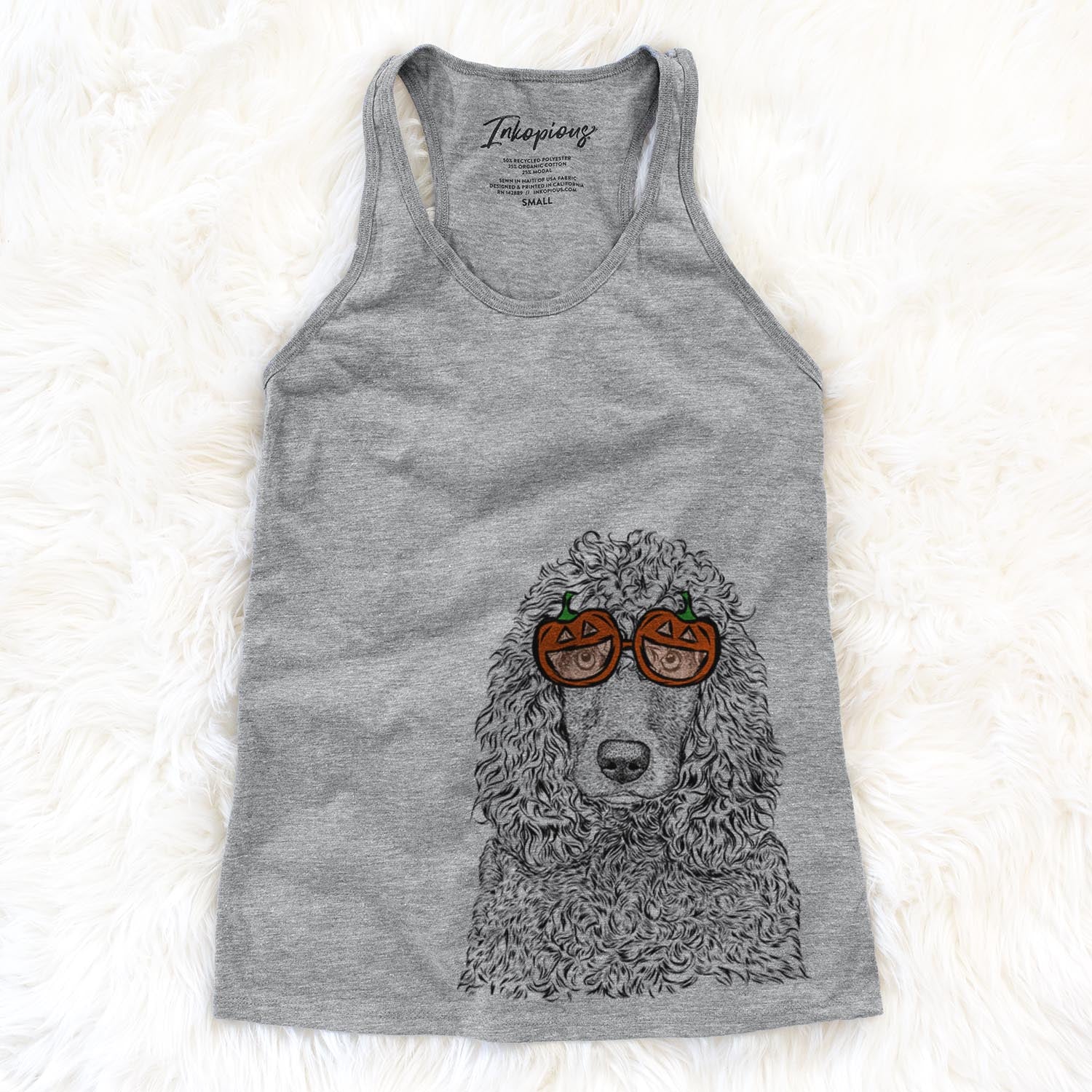 Hand-drawn sketch of Shilo the Irish Water Spaniel wearing pumpkin glasses on a Grey pumpkin collection