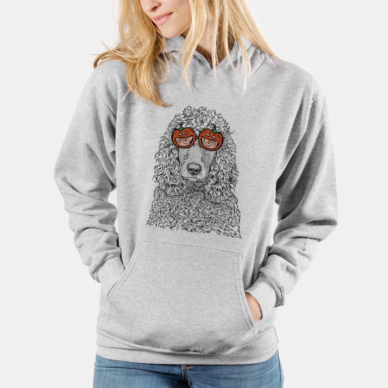 Hand-drawn sketch of Shilo the Irish Water Spaniel wearing pumpkin glasses on a Grey pumpkin collection