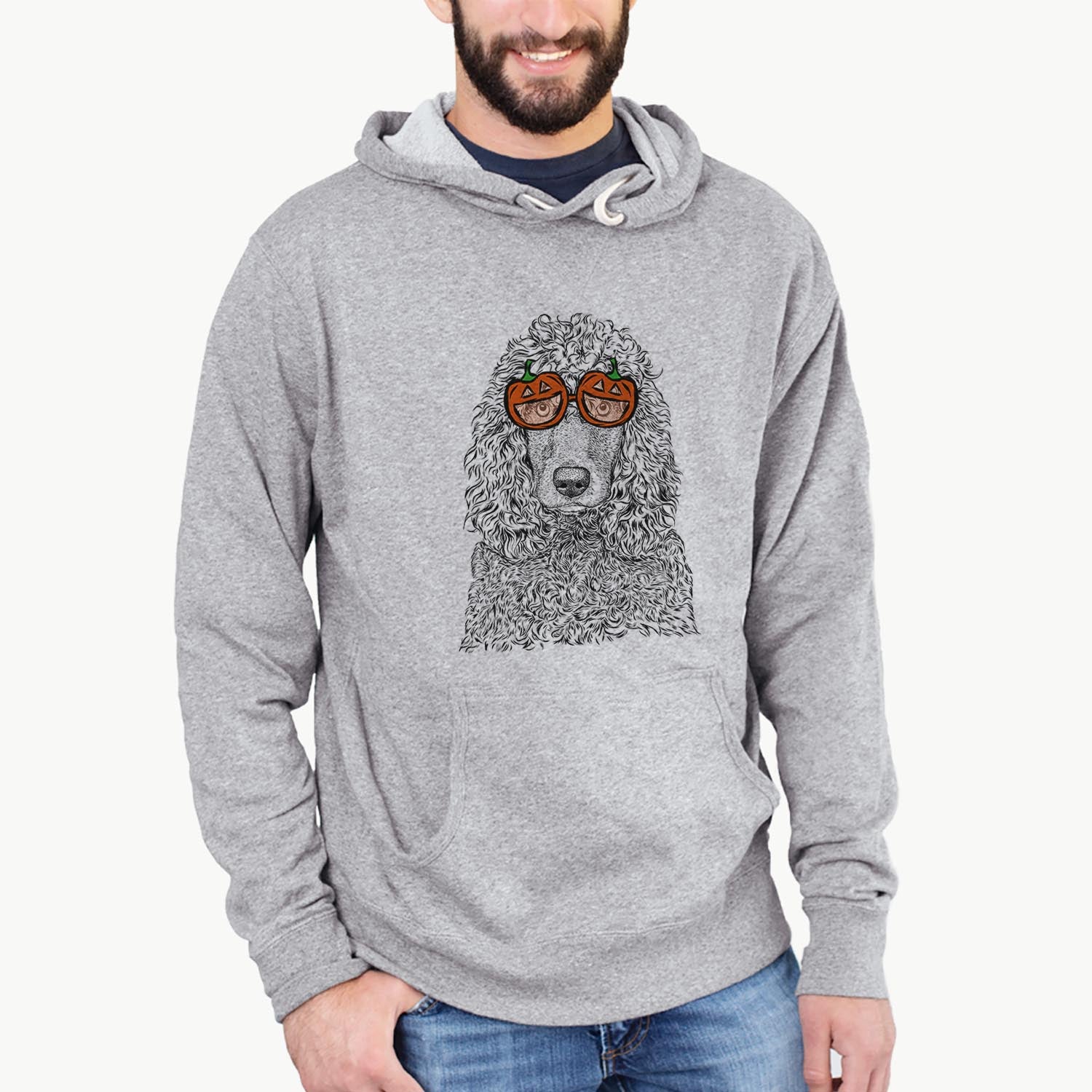 Hand-drawn sketch of Shilo the Irish Water Spaniel wearing pumpkin glasses on a Grey pumpkin collection
