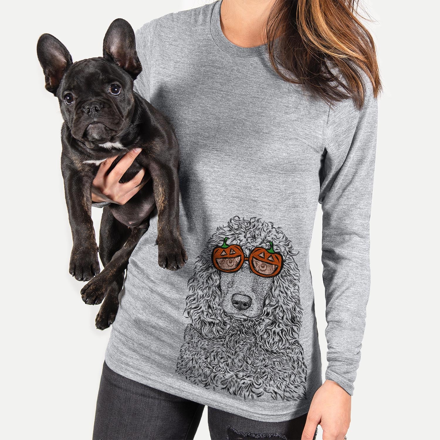 Hand-drawn sketch of Shilo the Irish Water Spaniel wearing pumpkin glasses on a Grey pumpkin collection