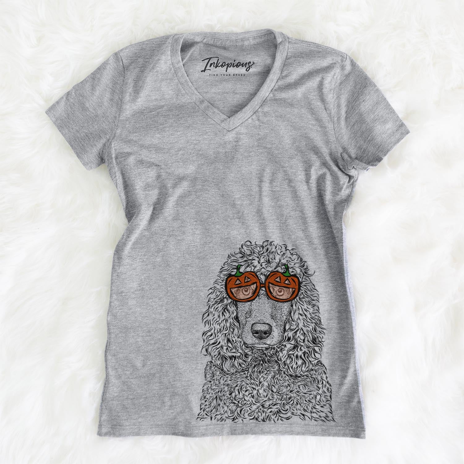 Hand-drawn sketch of Shilo the Irish Water Spaniel wearing pumpkin glasses on a Grey pumpkin collection, on a hanger