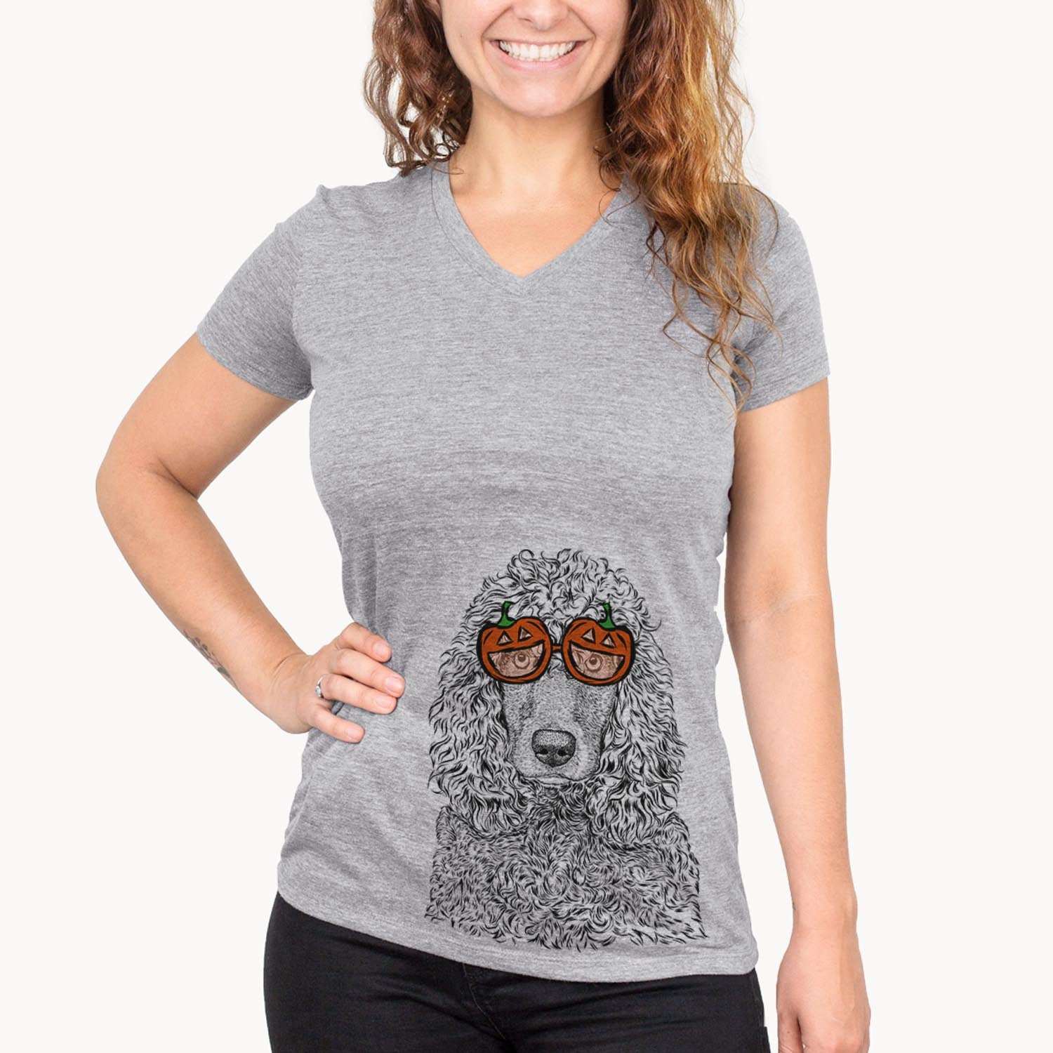 Hand-drawn sketch of Shilo the Irish Water Spaniel wearing pumpkin glasses on a Grey pumpkin collection