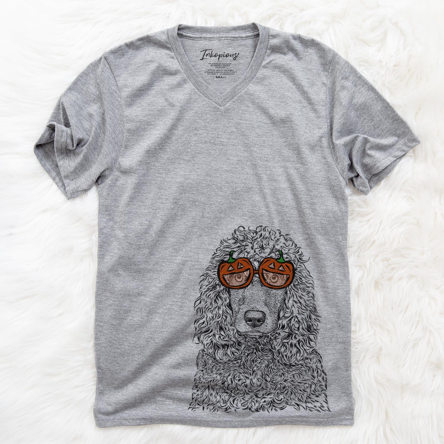 Hand-drawn sketch of Shilo the Irish Water Spaniel wearing pumpkin glasses on a Grey pumpkin collection