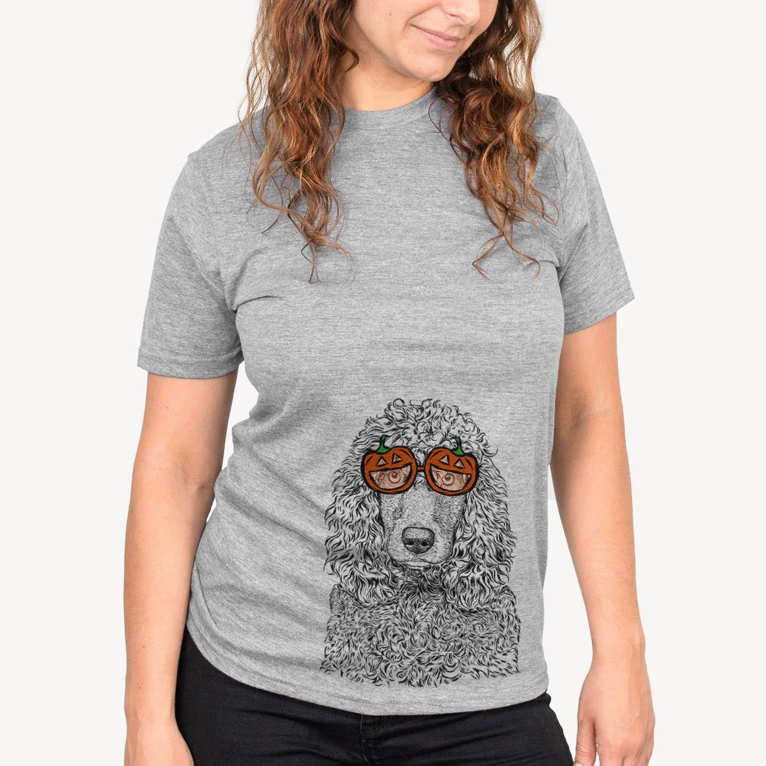 Hand-drawn sketch of Shilo the Irish Water Spaniel wearing pumpkin glasses on a Grey pumpkin collection, on a hanger