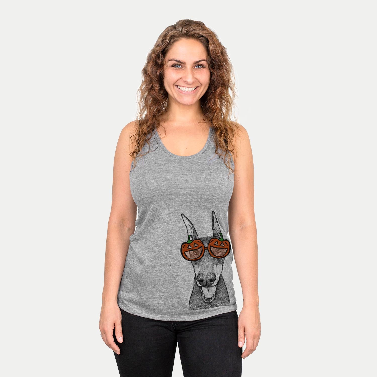 Hand-drawn sketch of Sir Duke the Doberman Pinscher wearing pumpkin glasses on a Grey pumpkin collection