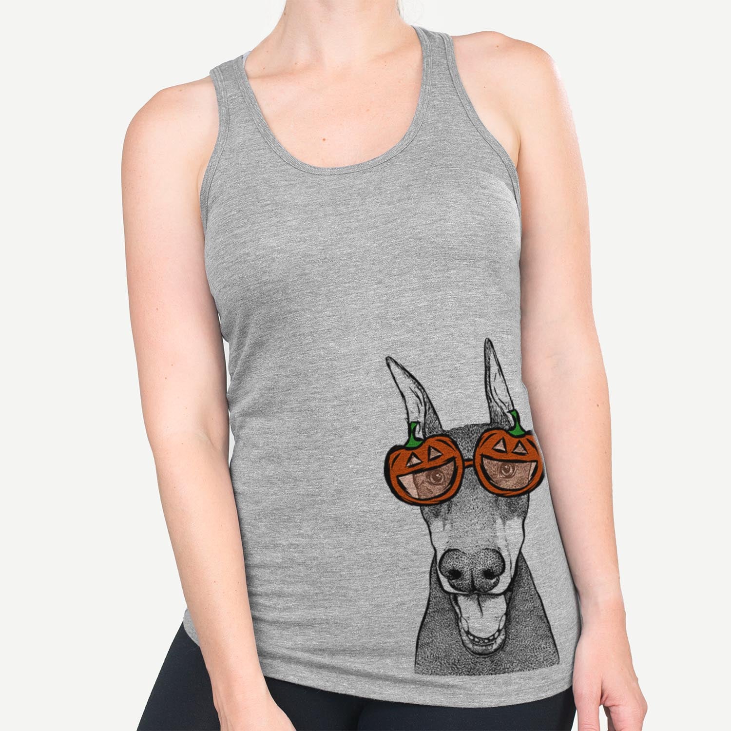 Hand-drawn sketch of Sir Duke the Doberman Pinscher wearing pumpkin glasses on a Grey pumpkin collection