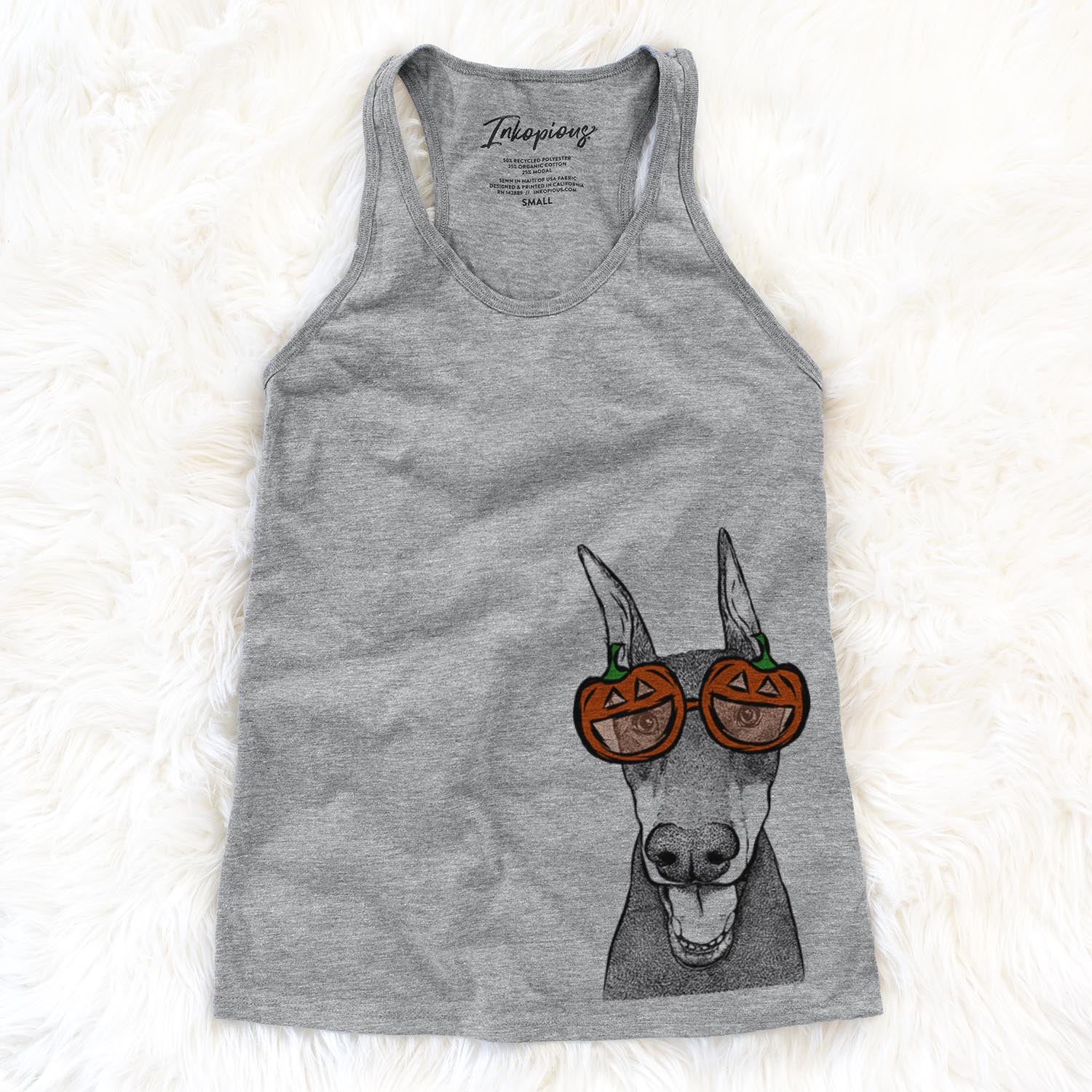 Hand-drawn sketch of Sir Duke the Doberman Pinscher wearing pumpkin glasses on a Grey pumpkin collection