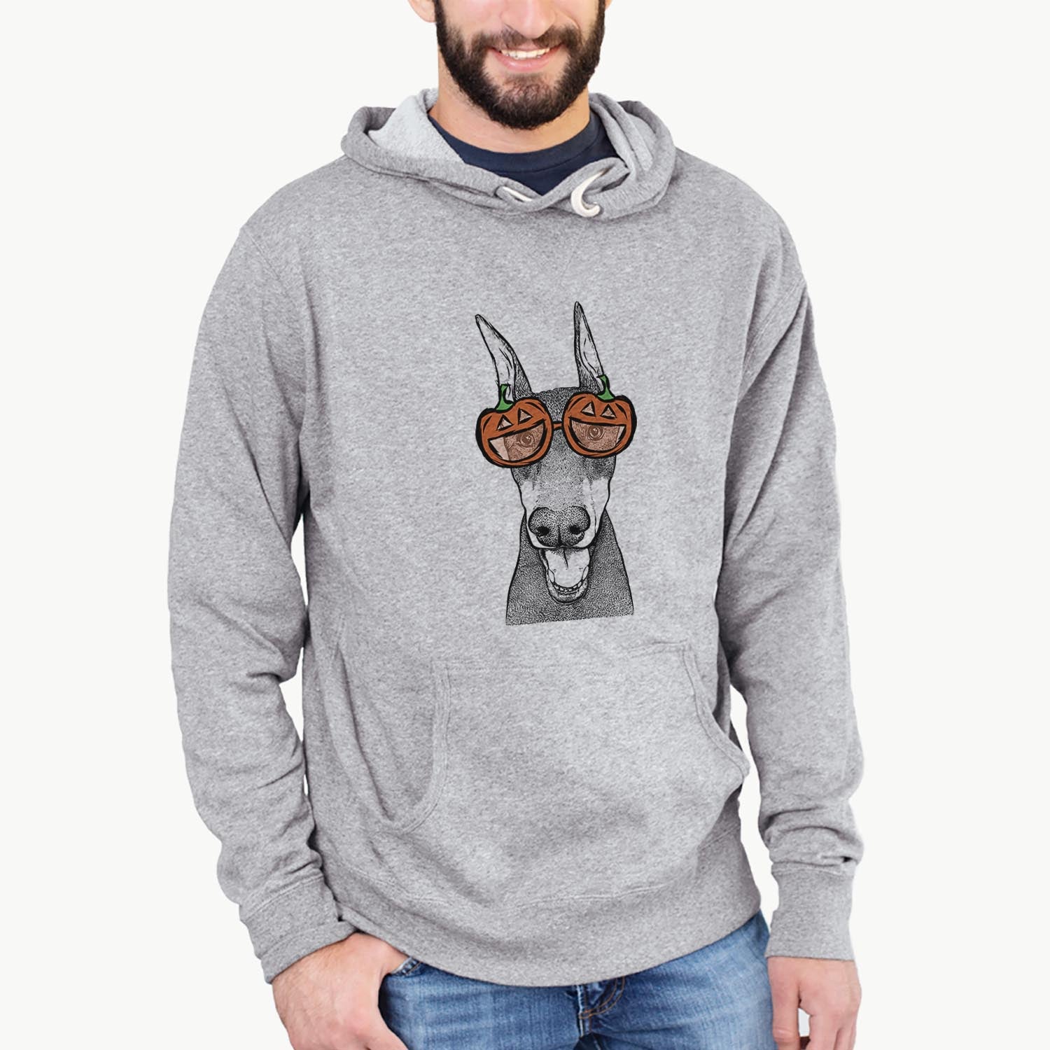 Hand-drawn sketch of Sir Duke the Doberman Pinscher wearing pumpkin glasses on a Grey pumpkin collection