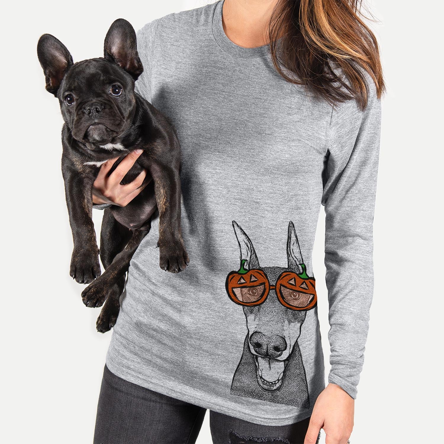 Hand-drawn sketch of Sir Duke the Doberman Pinscher wearing pumpkin glasses on a Grey pumpkin collection