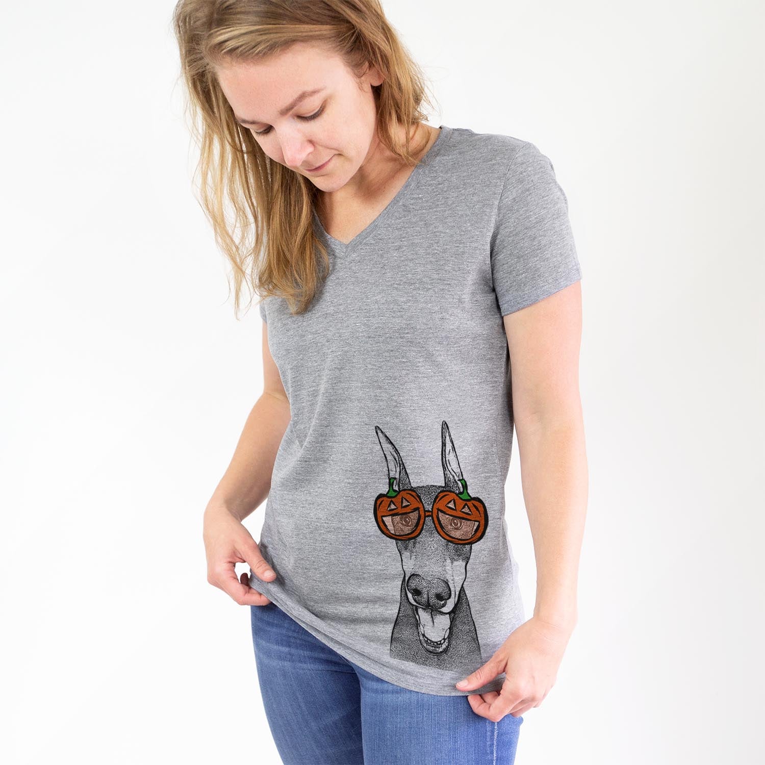 Hand-drawn sketch of Sir Duke the Doberman Pinscher wearing pumpkin glasses on a Grey pumpkin collection