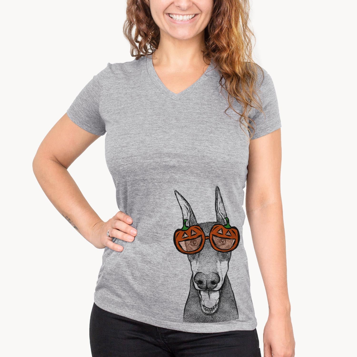 Hand-drawn sketch of Sir Duke the Doberman Pinscher wearing pumpkin glasses on a Grey pumpkin collection
