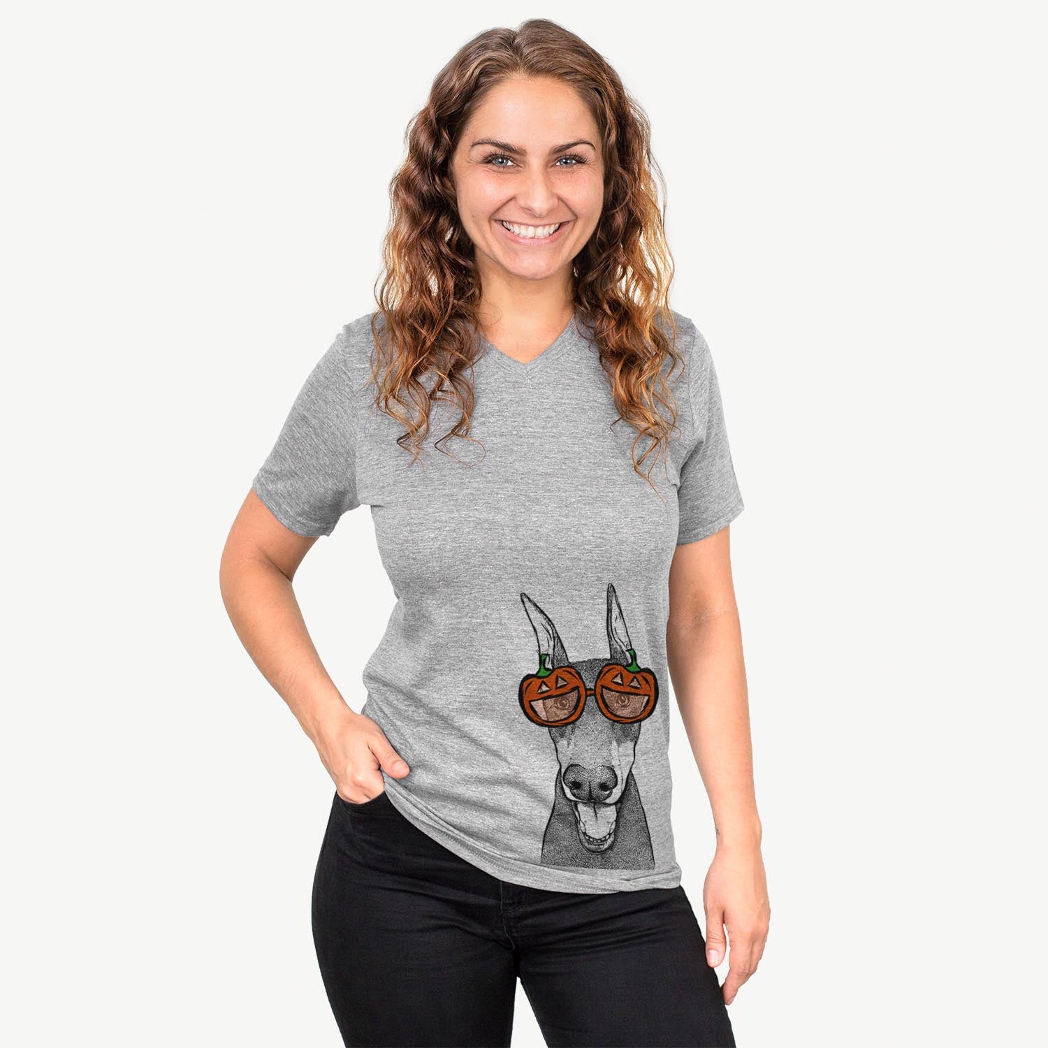 Hand-drawn sketch of Sir Duke the Doberman Pinscher wearing pumpkin glasses on a Grey pumpkin collection