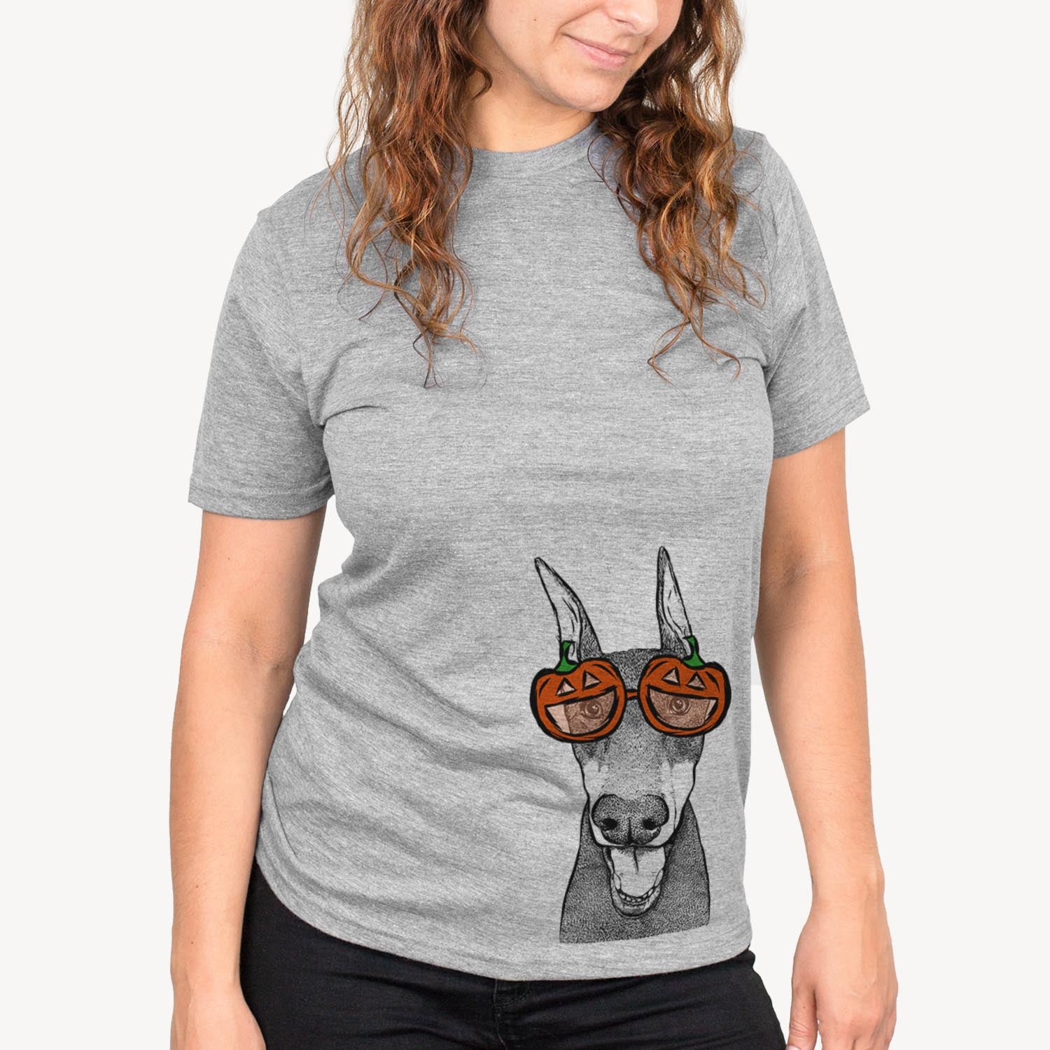 Hand-drawn sketch of Sir Duke the Doberman Pinscher wearing pumpkin glasses on a Grey pumpkin collection, on a hanger