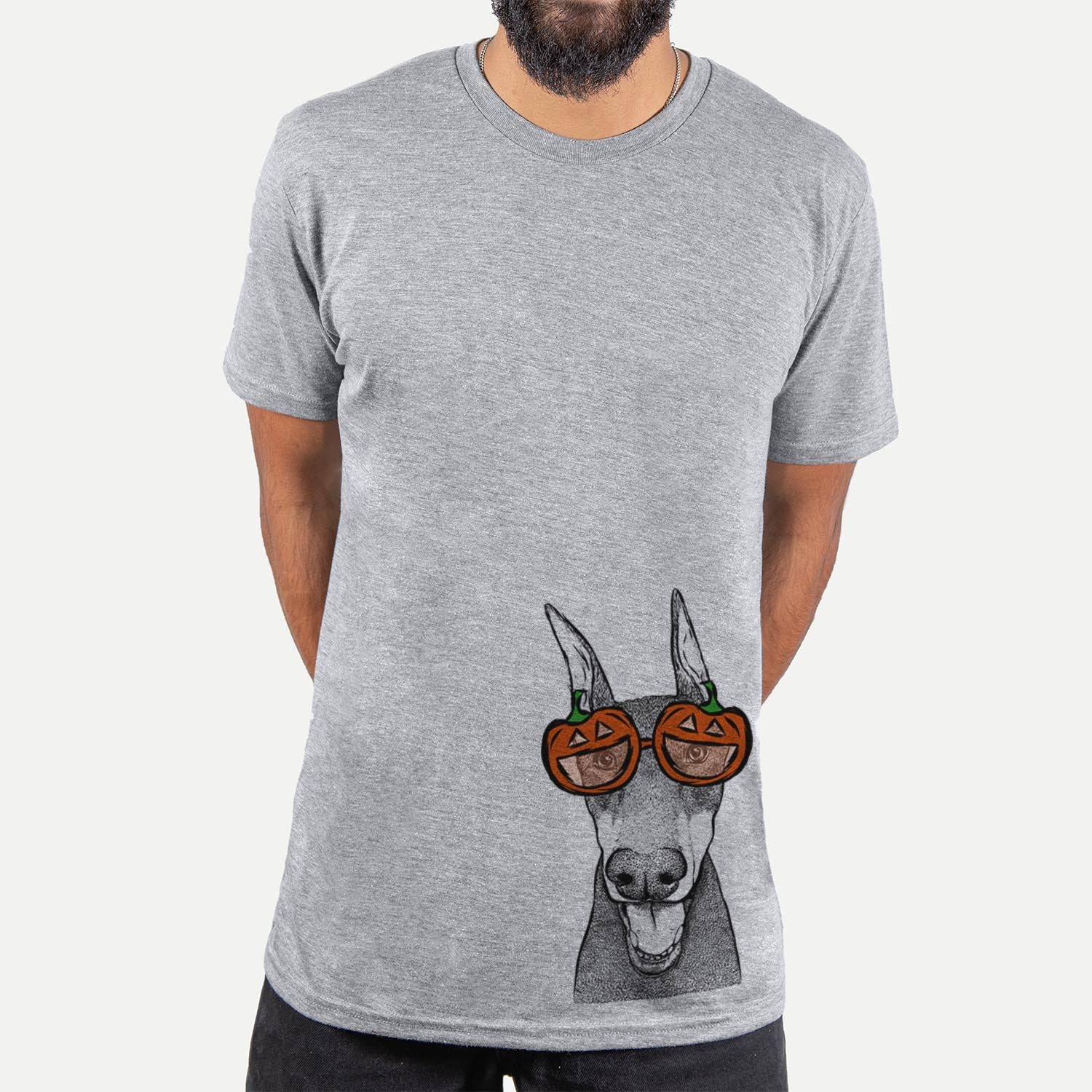 Hand-drawn sketch of Sir Duke the Doberman Pinscher wearing pumpkin glasses on a Grey pumpkin collection, hanging on a wall