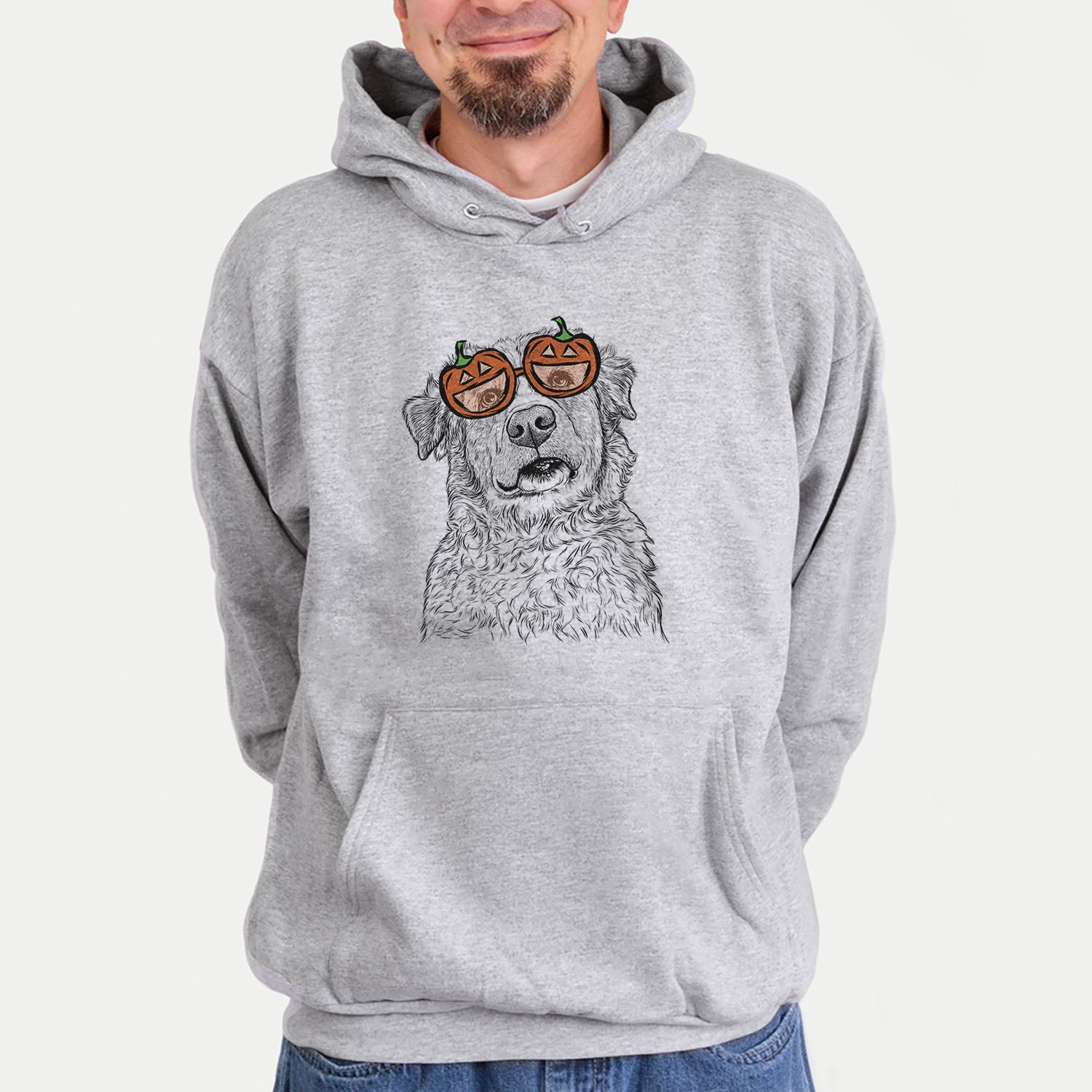 Hand-drawn sketch of Smokey Jam the Middle Eastern Village Dog wearing pumpkin glasses on a Grey pumpkin collection, hanging on a wall