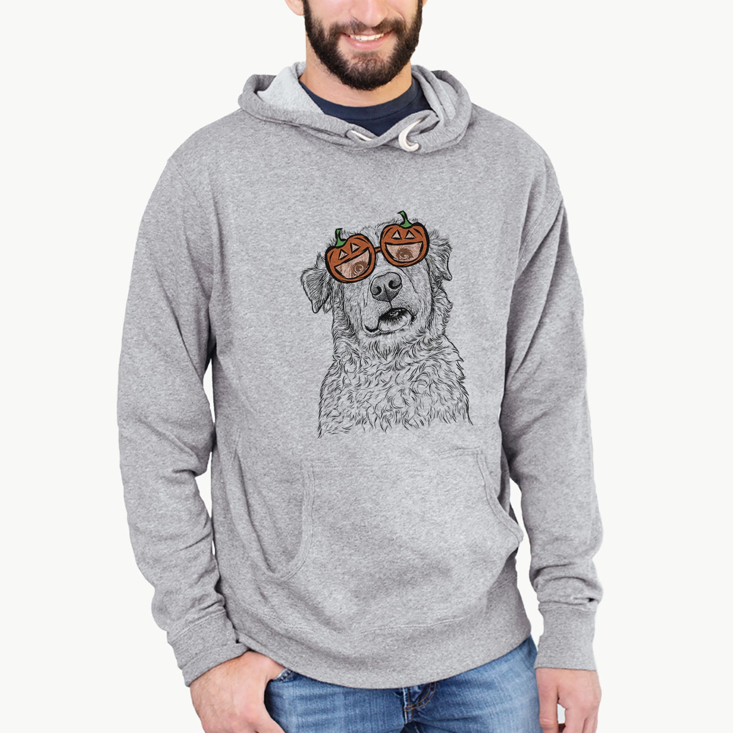 Hand-drawn sketch of Smokey Jam the Middle Eastern Village Dog wearing pumpkin glasses on a Grey pumpkin collection