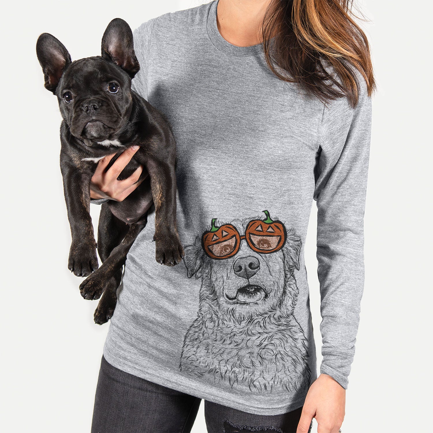 Hand-drawn sketch of Smokey Jam the Middle Eastern Village Dog wearing pumpkin glasses on a Grey pumpkin collection