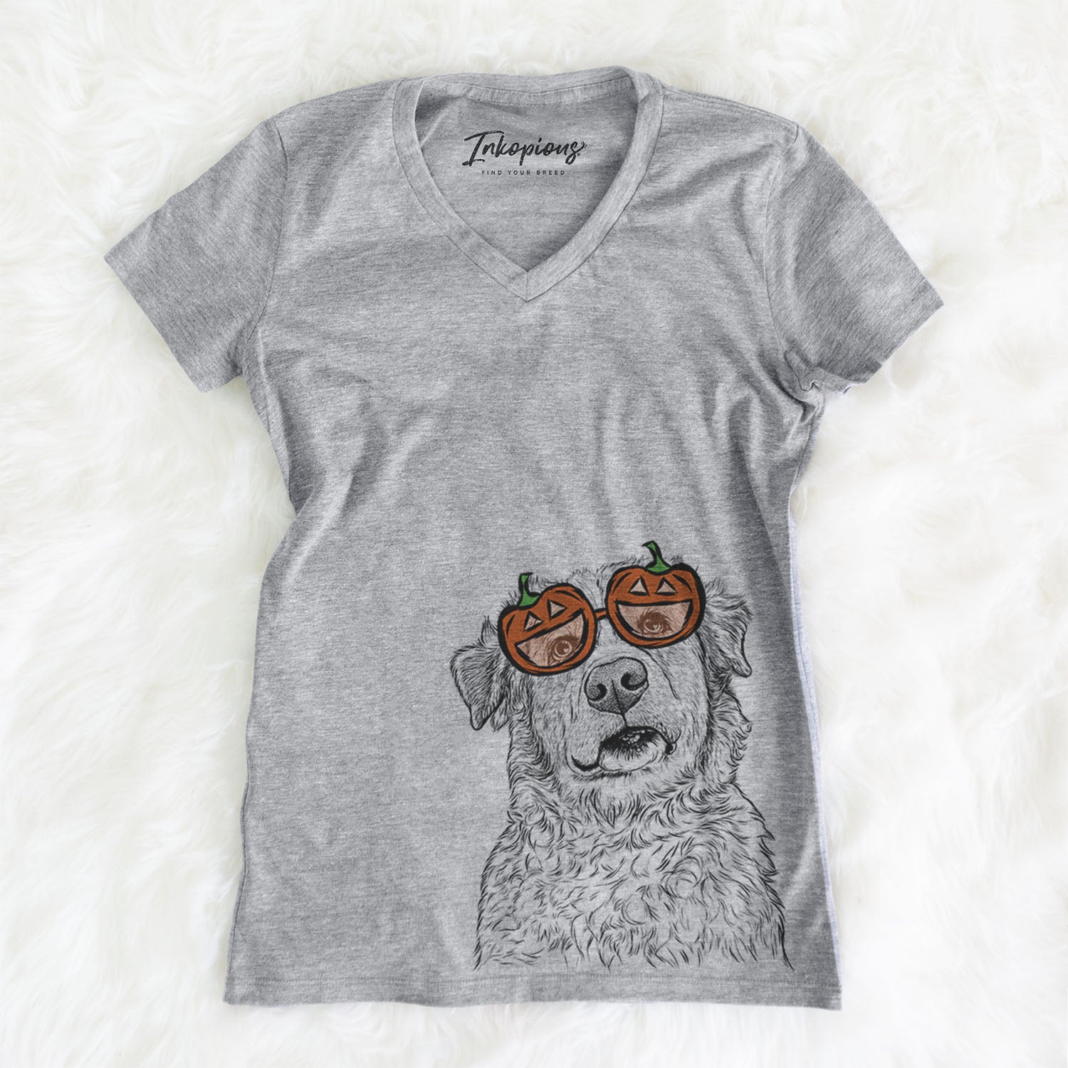Hand-drawn sketch of Smokey Jam the Middle Eastern Village Dog wearing pumpkin glasses on a Grey pumpkin collection, on a hanger