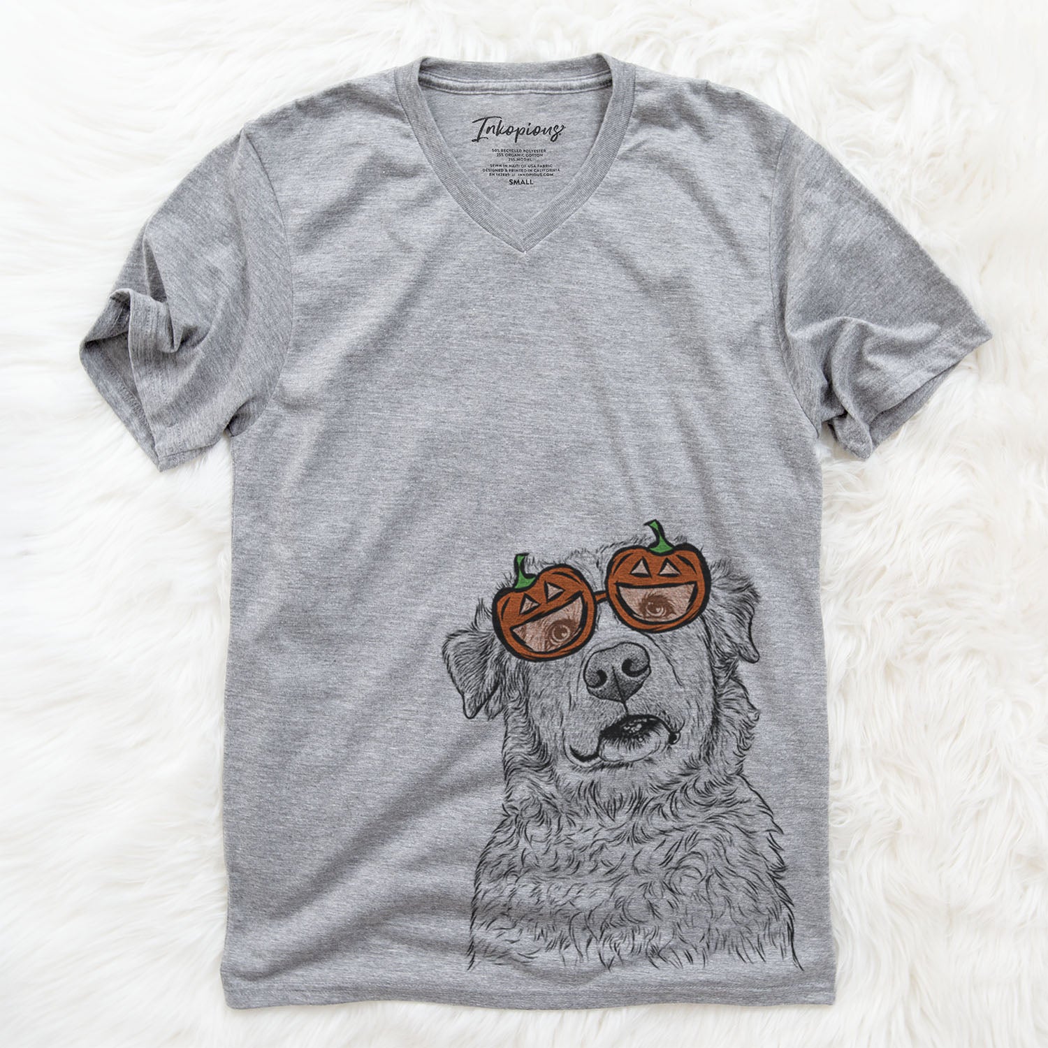 Hand-drawn sketch of Smokey Jam the Middle Eastern Village Dog wearing pumpkin glasses on a Grey pumpkin collection
