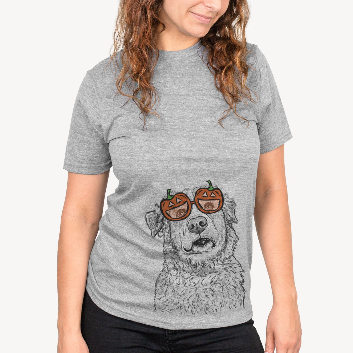 Hand-drawn sketch of Smokey Jam the Middle Eastern Village Dog wearing pumpkin glasses on a Grey pumpkin collection, on a hanger