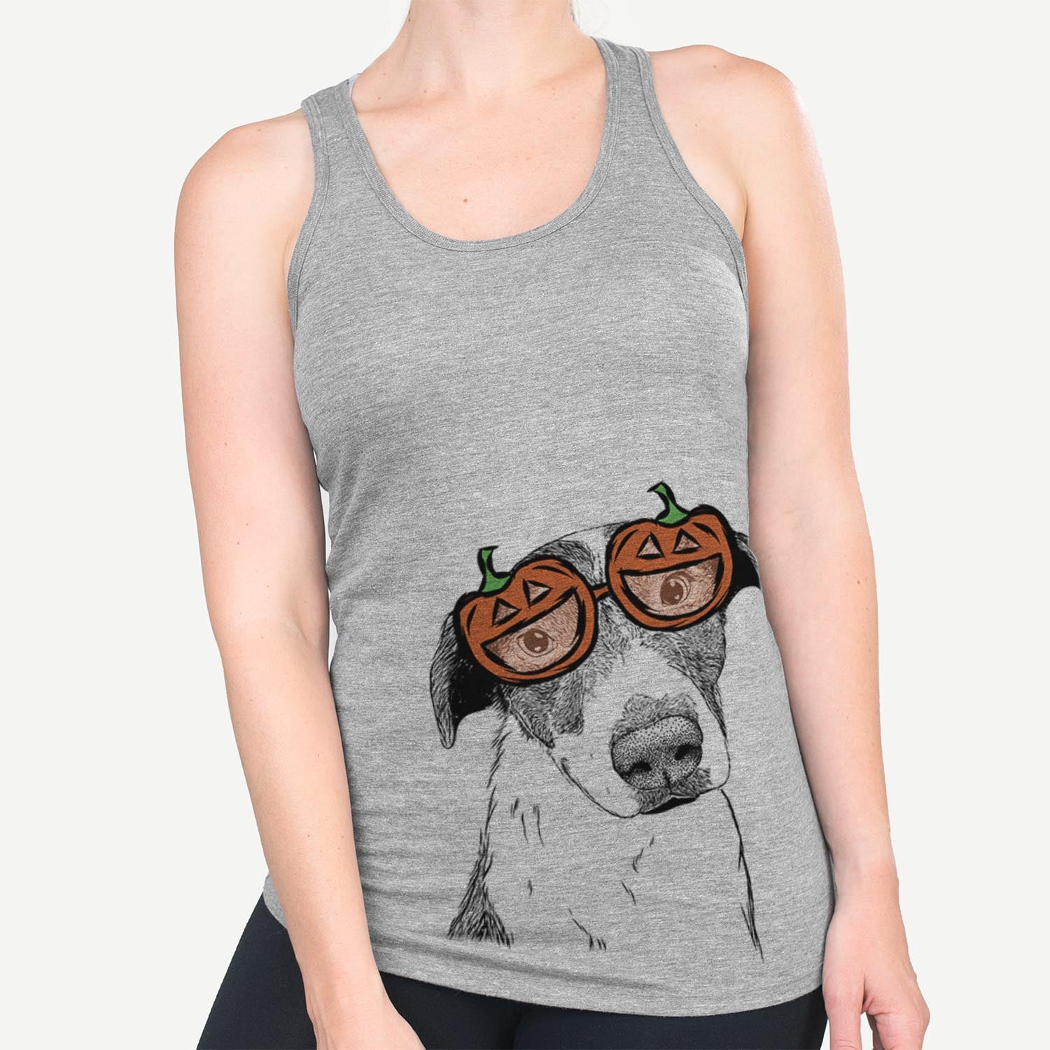 Hand-drawn sketch of Sophia the Mixed Breed wearing pumpkin glasses on a Grey pumpkin collection