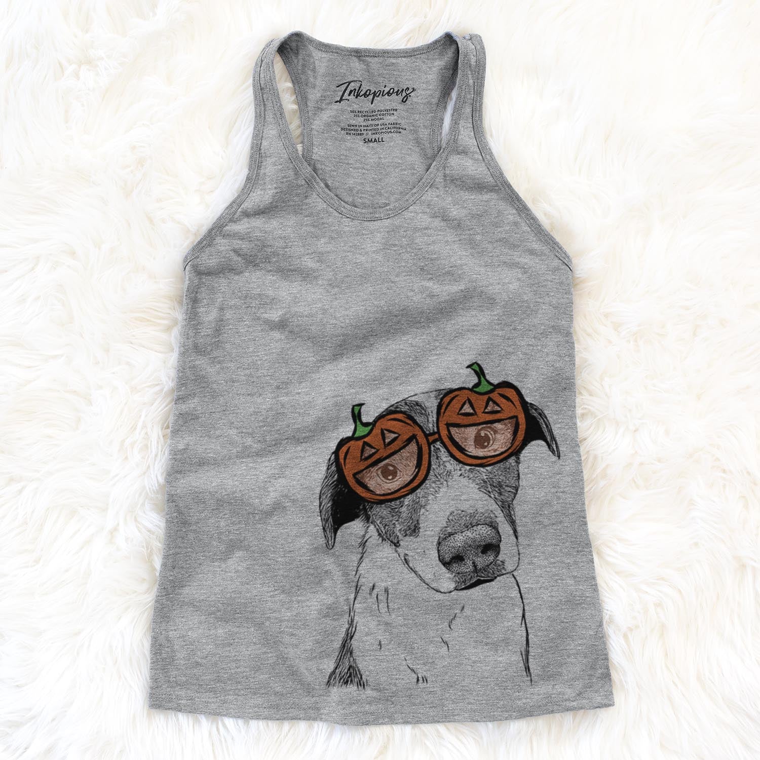Hand-drawn sketch of Sophia the Mixed Breed wearing pumpkin glasses on a Grey pumpkin collection