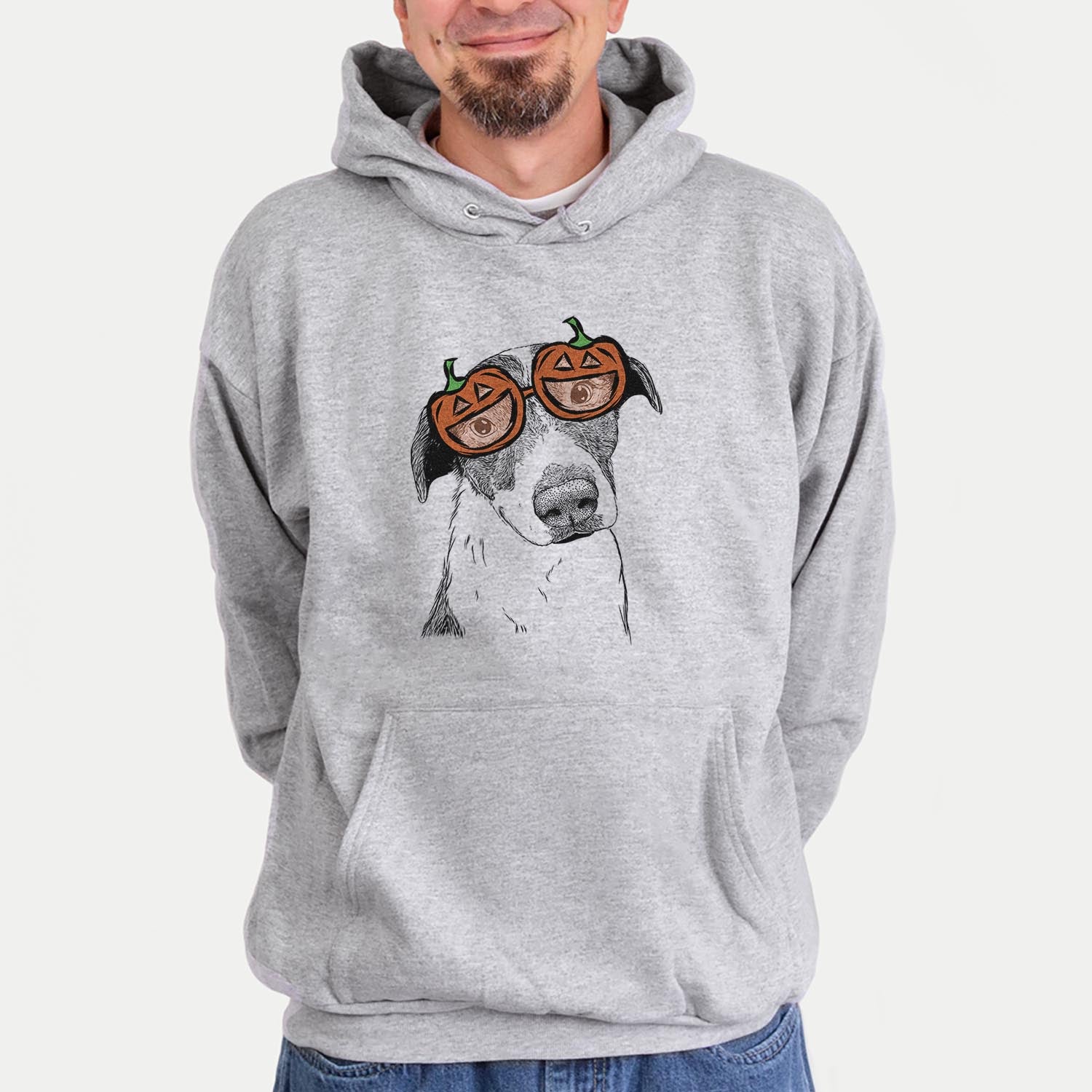 Hand-drawn sketch of Sophia the Mixed Breed wearing pumpkin glasses on a Grey pumpkin collection, hanging on a wall