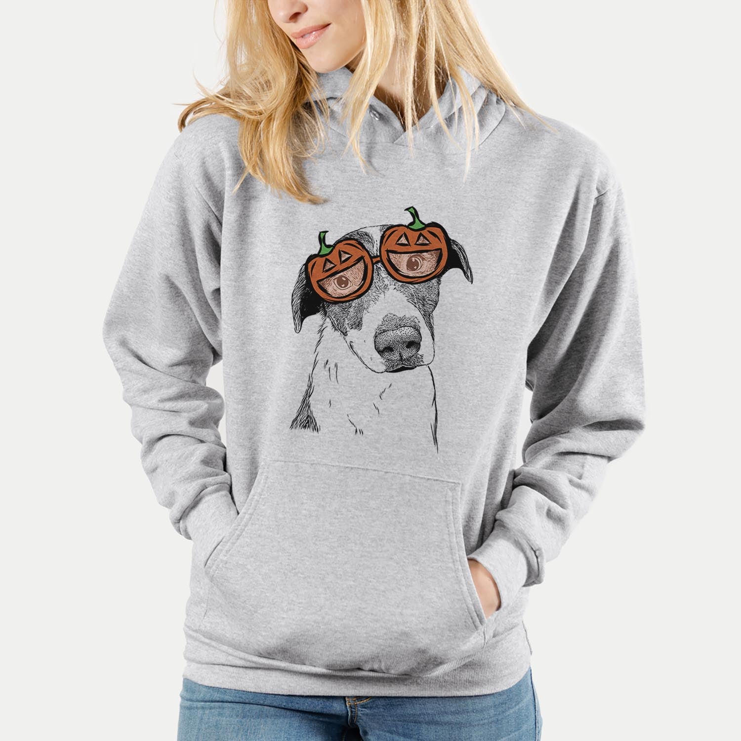Hand-drawn sketch of Sophia the Mixed Breed wearing pumpkin glasses on a Grey pumpkin collection