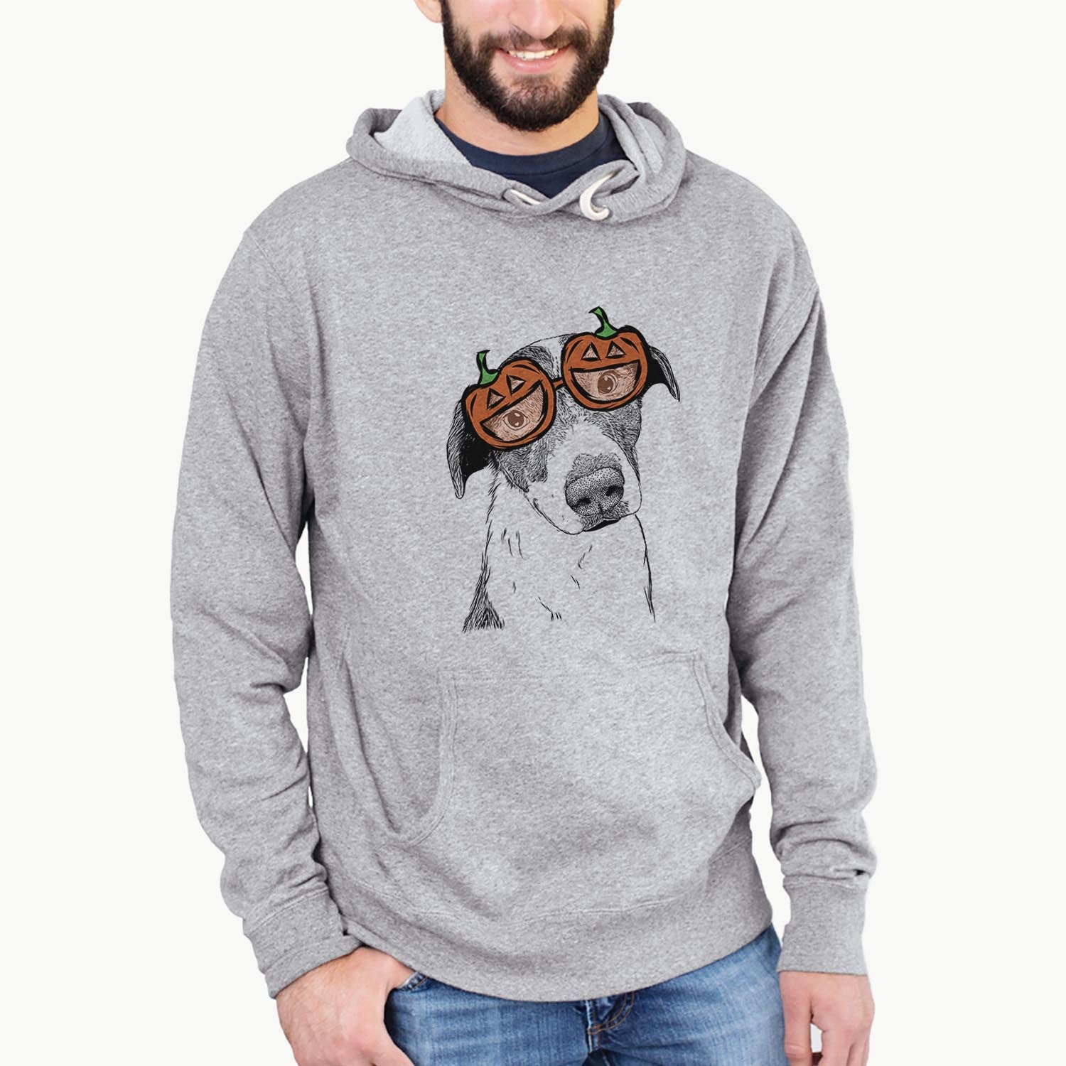 Hand-drawn sketch of Sophia the Mixed Breed wearing pumpkin glasses on a Grey pumpkin collection