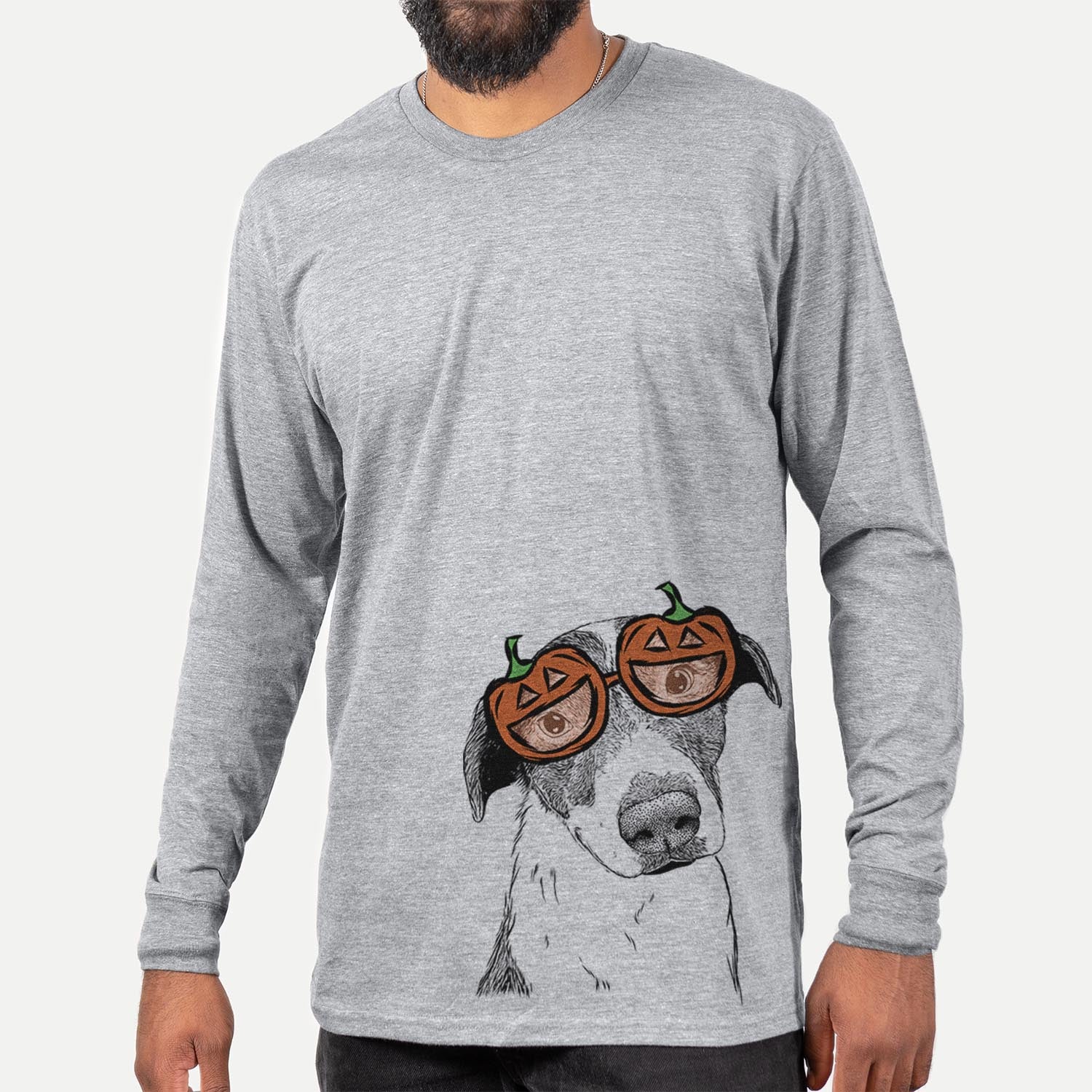 Hand-drawn sketch of Sophia the Mixed Breed wearing pumpkin glasses on a Grey pumpkin collection, hanging on a wall