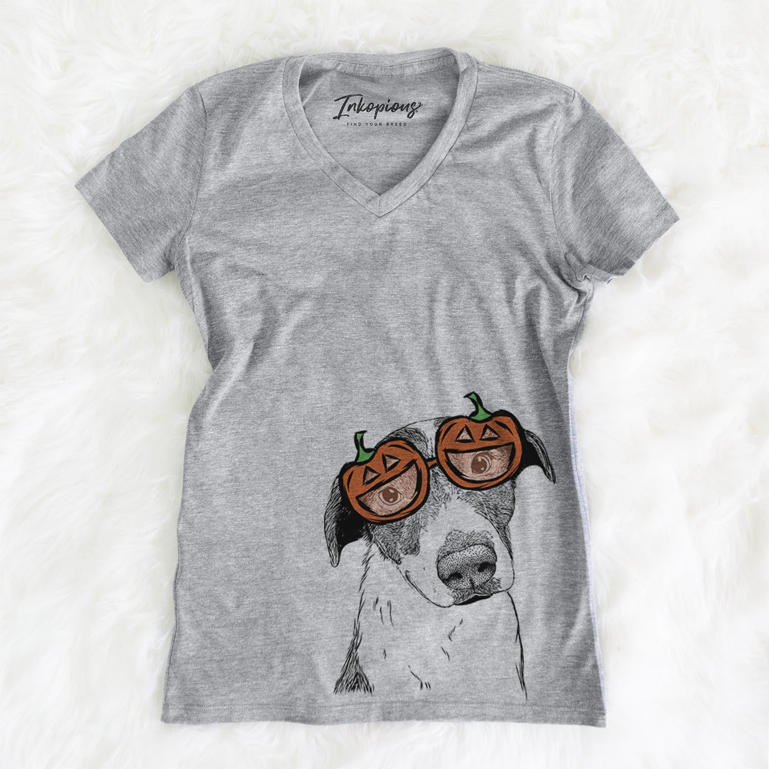 Hand-drawn sketch of Sophia the Mixed Breed wearing pumpkin glasses on a Grey pumpkin collection, on a hanger