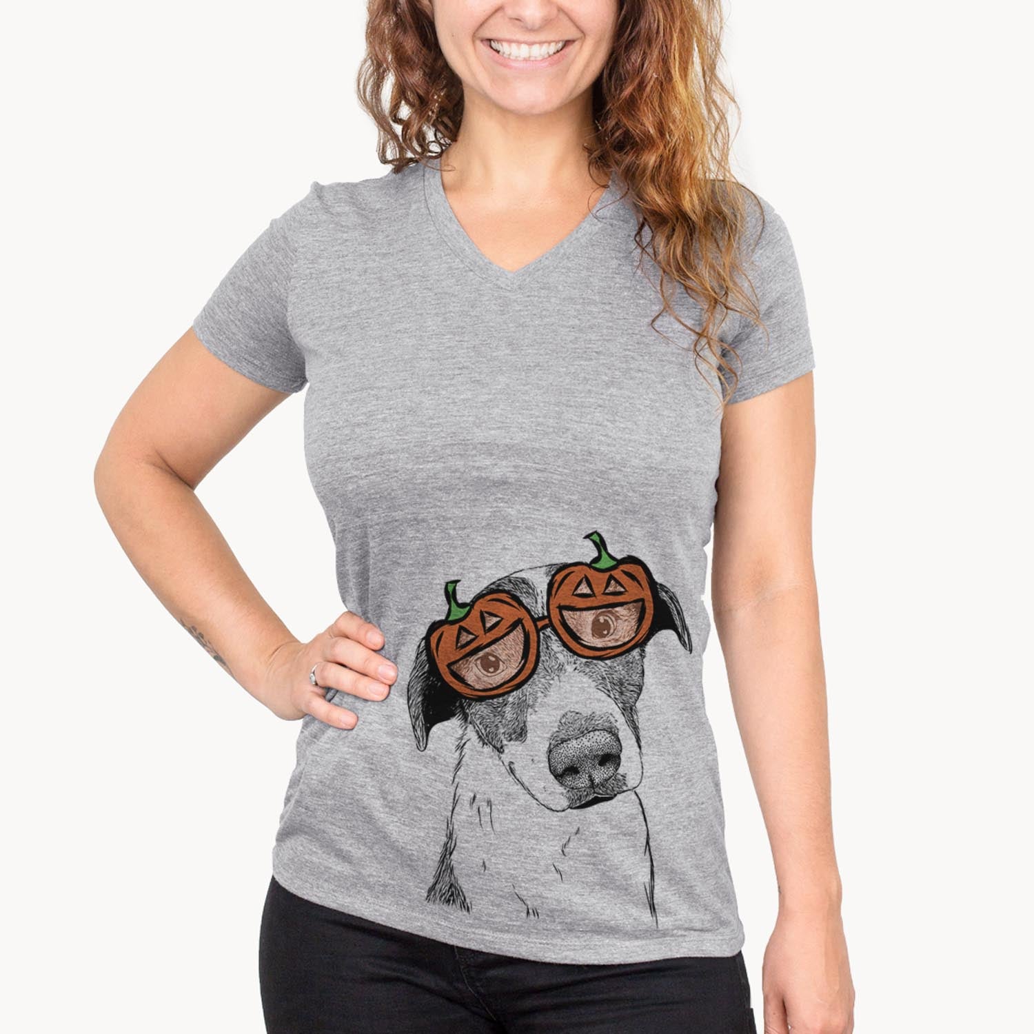 Hand-drawn sketch of Sophia the Mixed Breed wearing pumpkin glasses on a Grey pumpkin collection