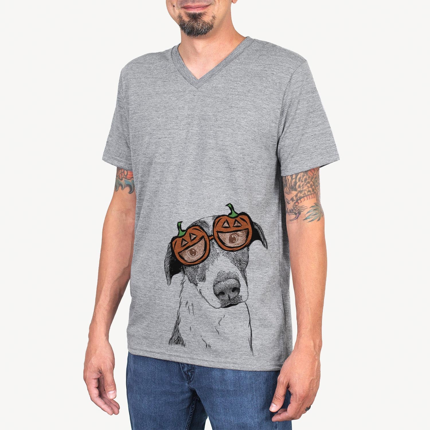 Hand-drawn sketch of Sophia the Mixed Breed wearing pumpkin glasses on a Grey pumpkin collection