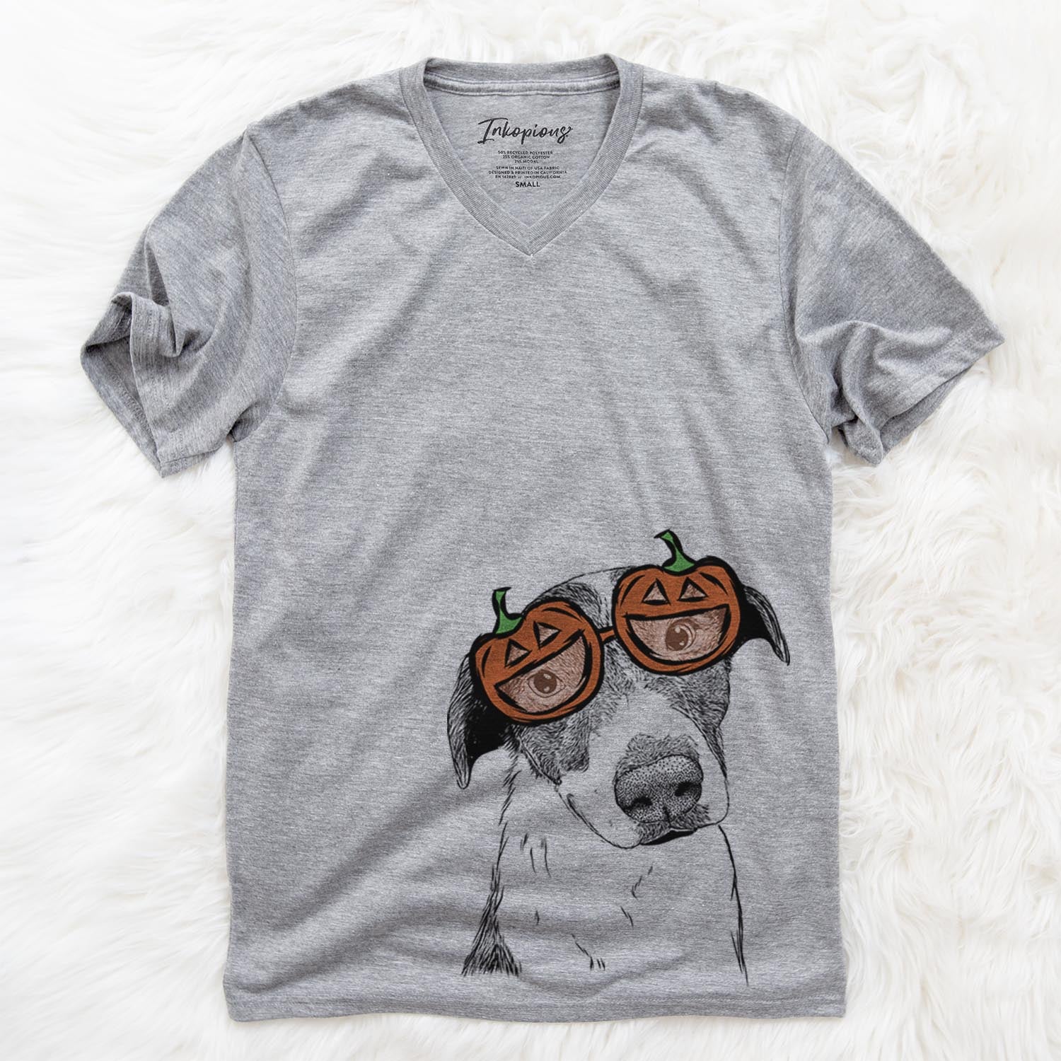 Hand-drawn sketch of Sophia the Mixed Breed wearing pumpkin glasses on a Grey pumpkin collection