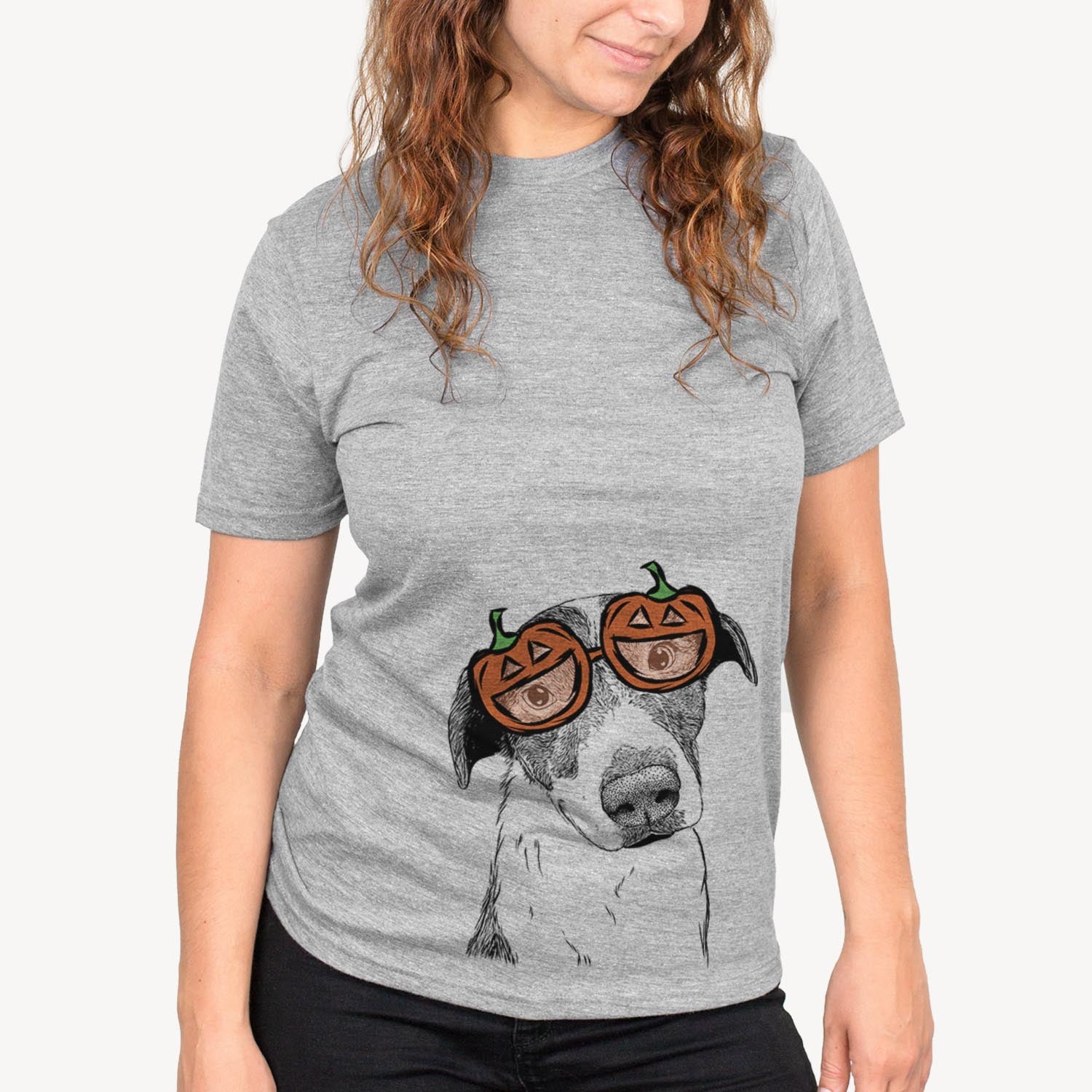 Hand-drawn sketch of Sophia the Mixed Breed wearing pumpkin glasses on a Grey pumpkin collection, on a hanger