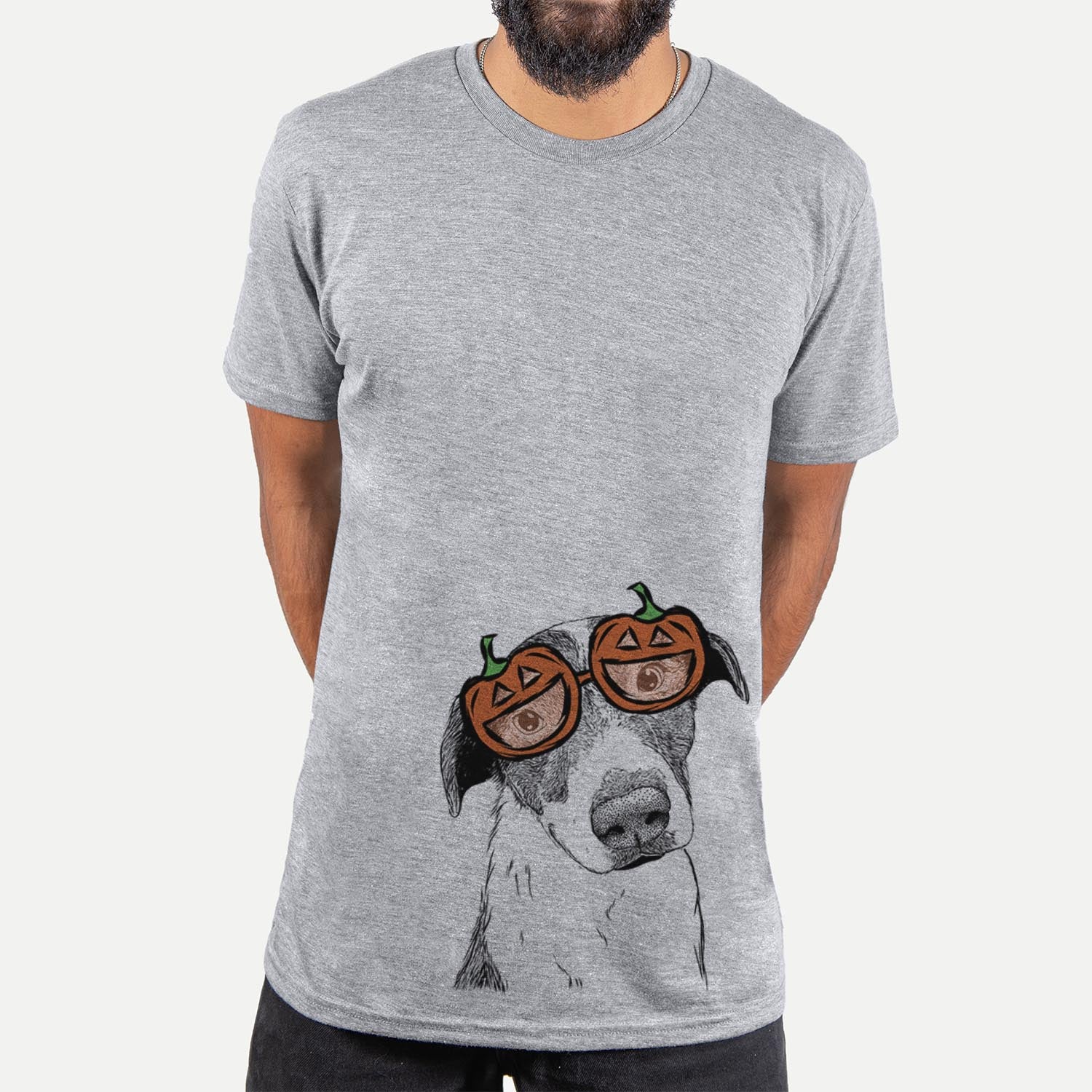 Hand-drawn sketch of Sophia the Mixed Breed wearing pumpkin glasses on a Grey pumpkin collection, hanging on a wall