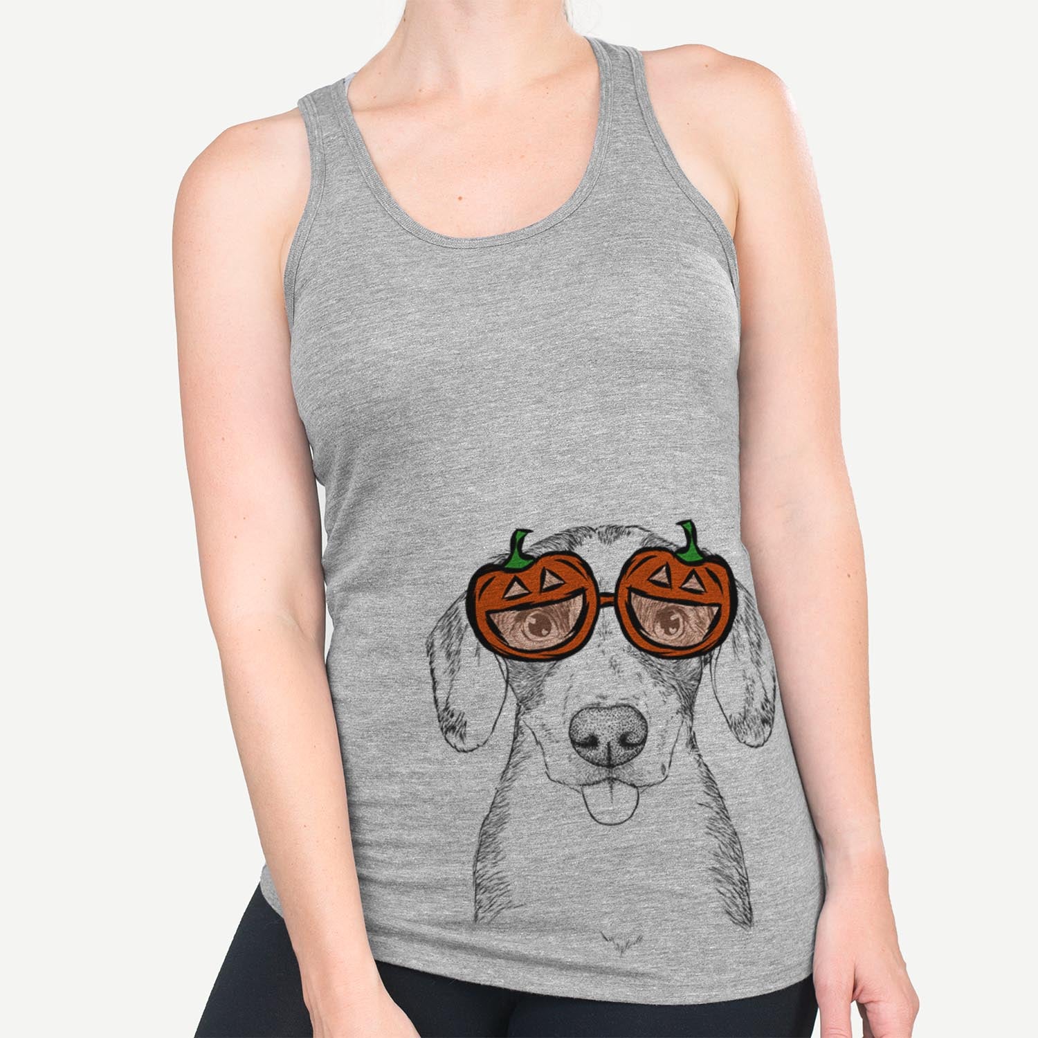 Hand-drawn sketch of SophiePea the Mixed Breed wearing pumpkin glasses on a Grey pumpkin collection