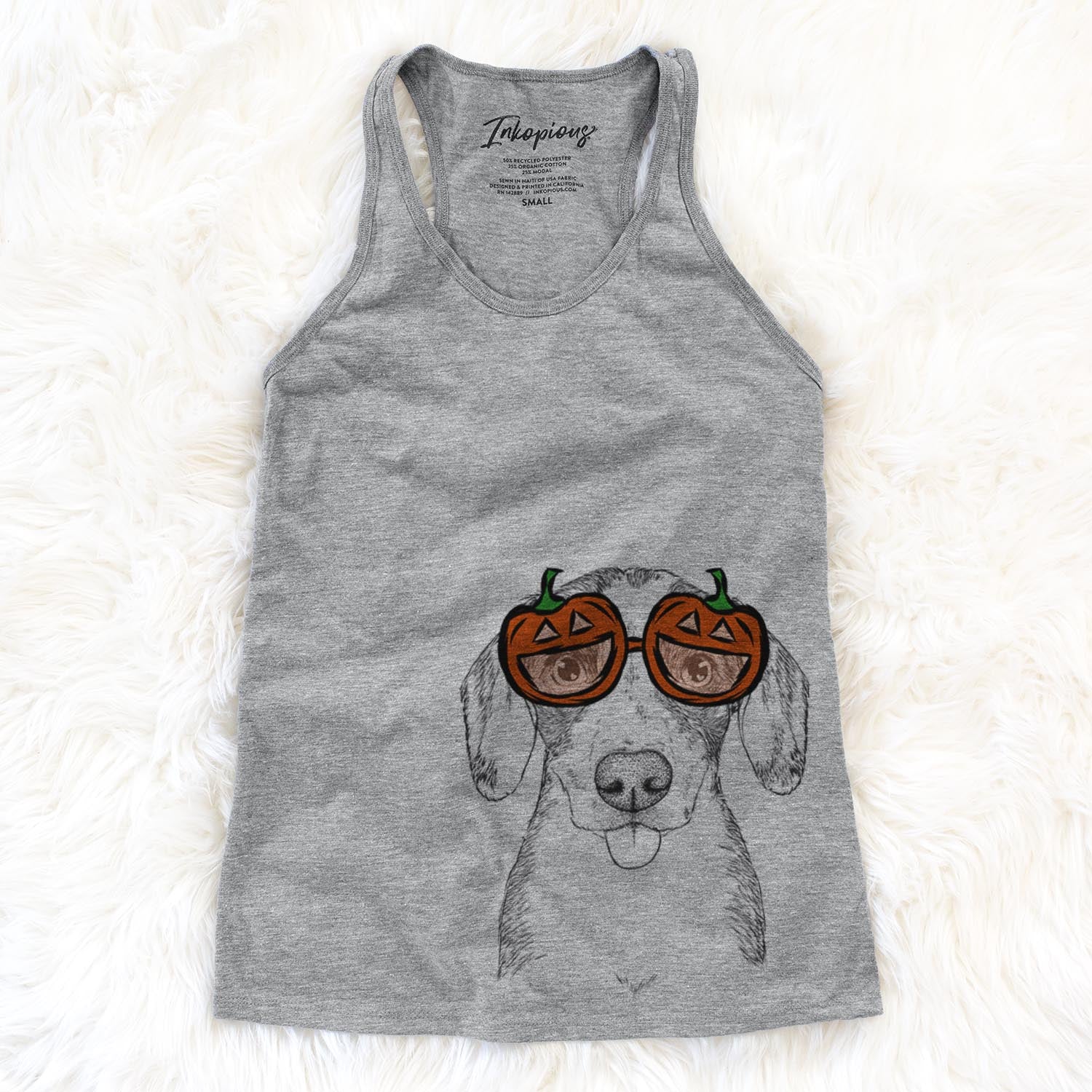 Hand-drawn sketch of SophiePea the Mixed Breed wearing pumpkin glasses on a Grey pumpkin collection