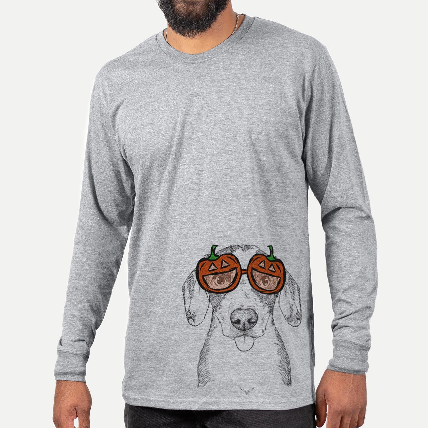 Hand-drawn sketch of SophiePea the Mixed Breed wearing pumpkin glasses on a Grey pumpkin collection, hanging on a wall